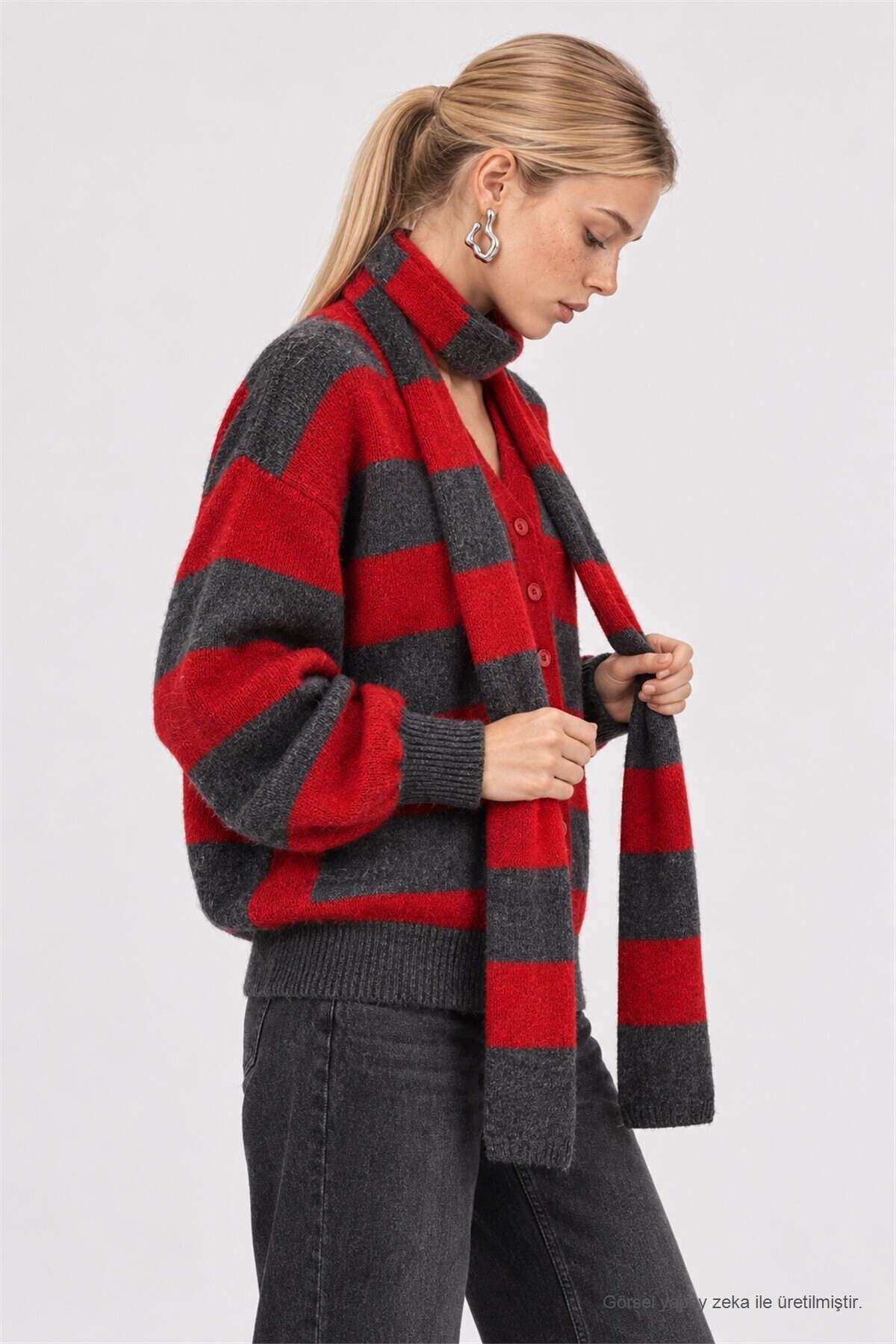 Atkılı Çizgili Oversize Triko Hırka ANTRASİT KIRMIZI LYY0155