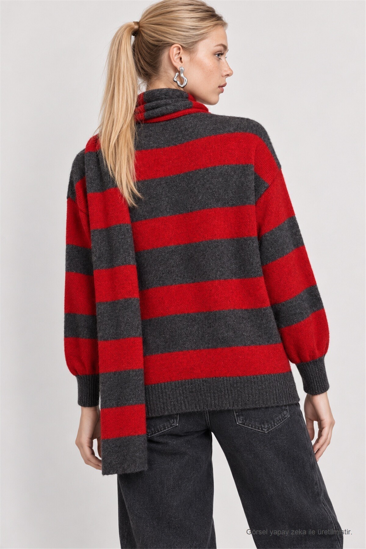 Atkılı Çizgili Oversize Triko Hırka ANTRASİT KIRMIZI LYY0155