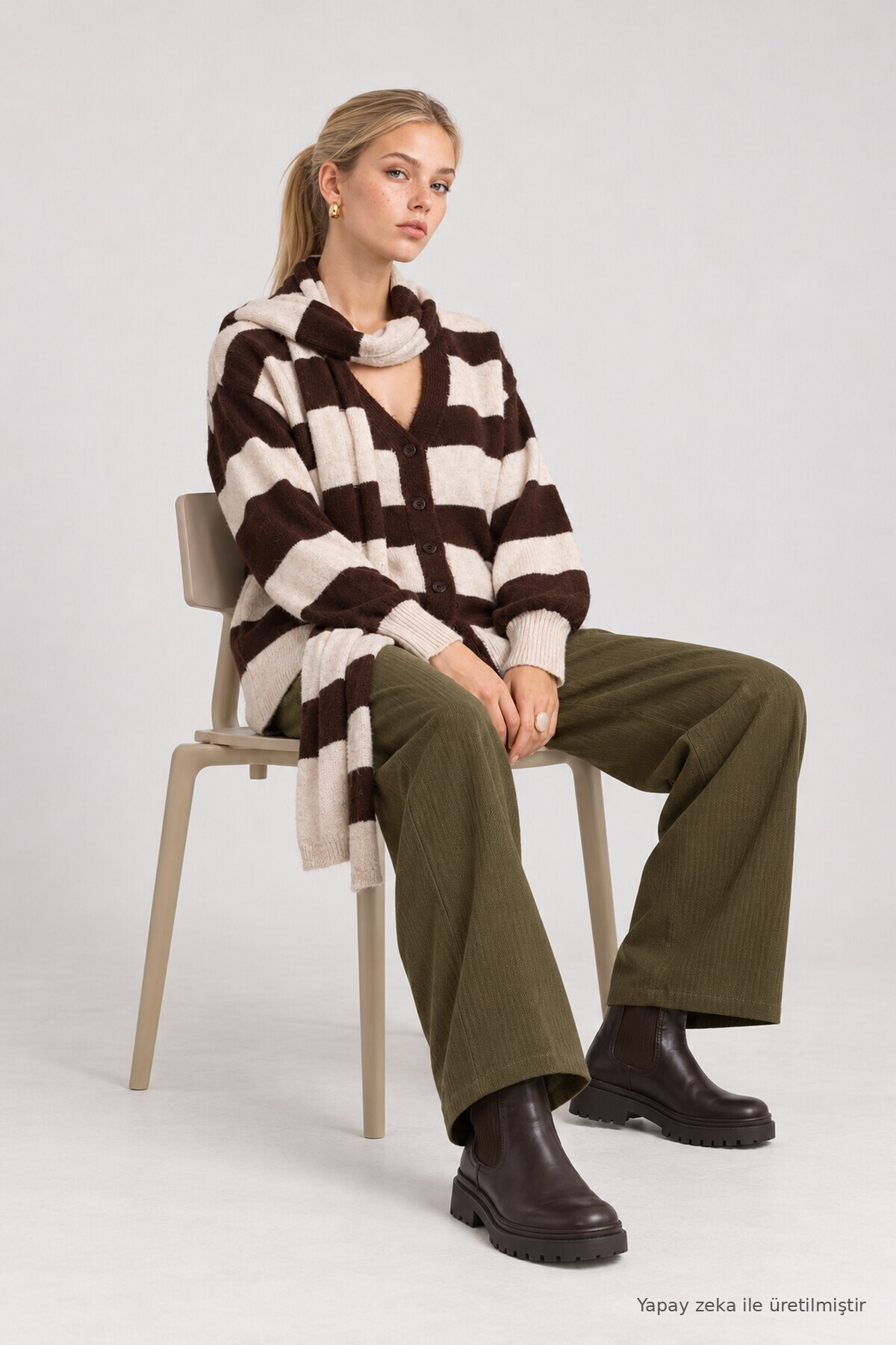 Atkılı Çizgili Oversize Triko Hırka KAHVERENGİ TAŞ LYY0155