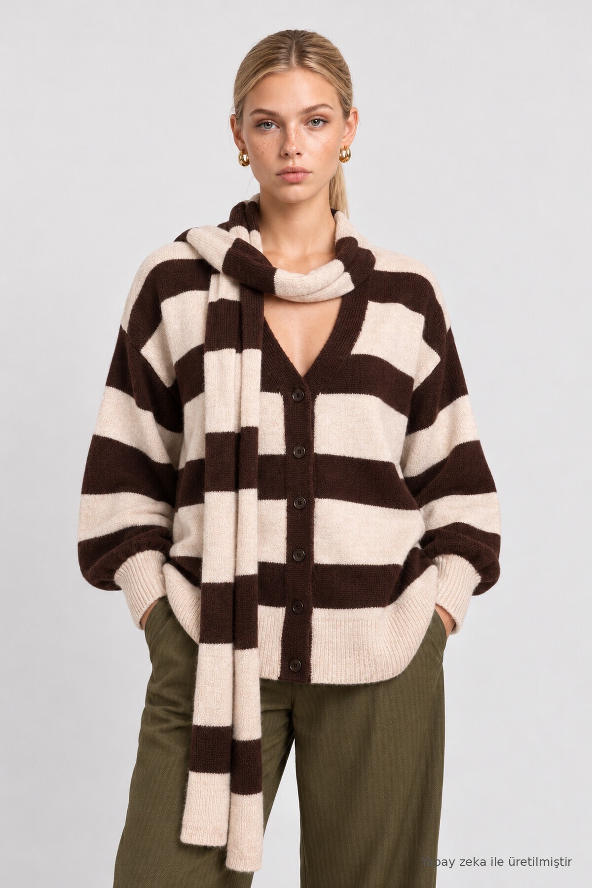 Atkılı Çizgili Oversize Triko Hırka KAHVERENGİ TAŞ LYY0155