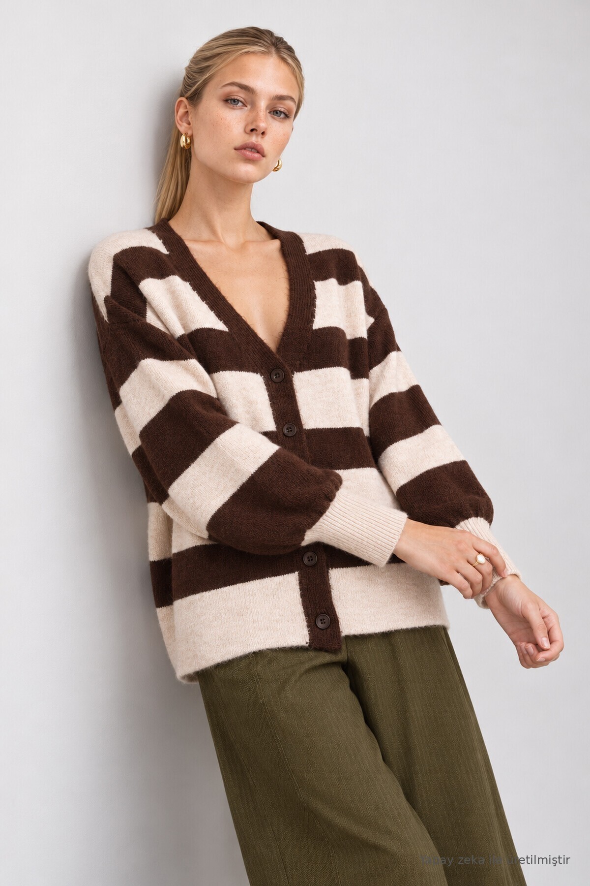 Atkılı Çizgili Oversize Triko Hırka KAHVERENGİ TAŞ LYY0155