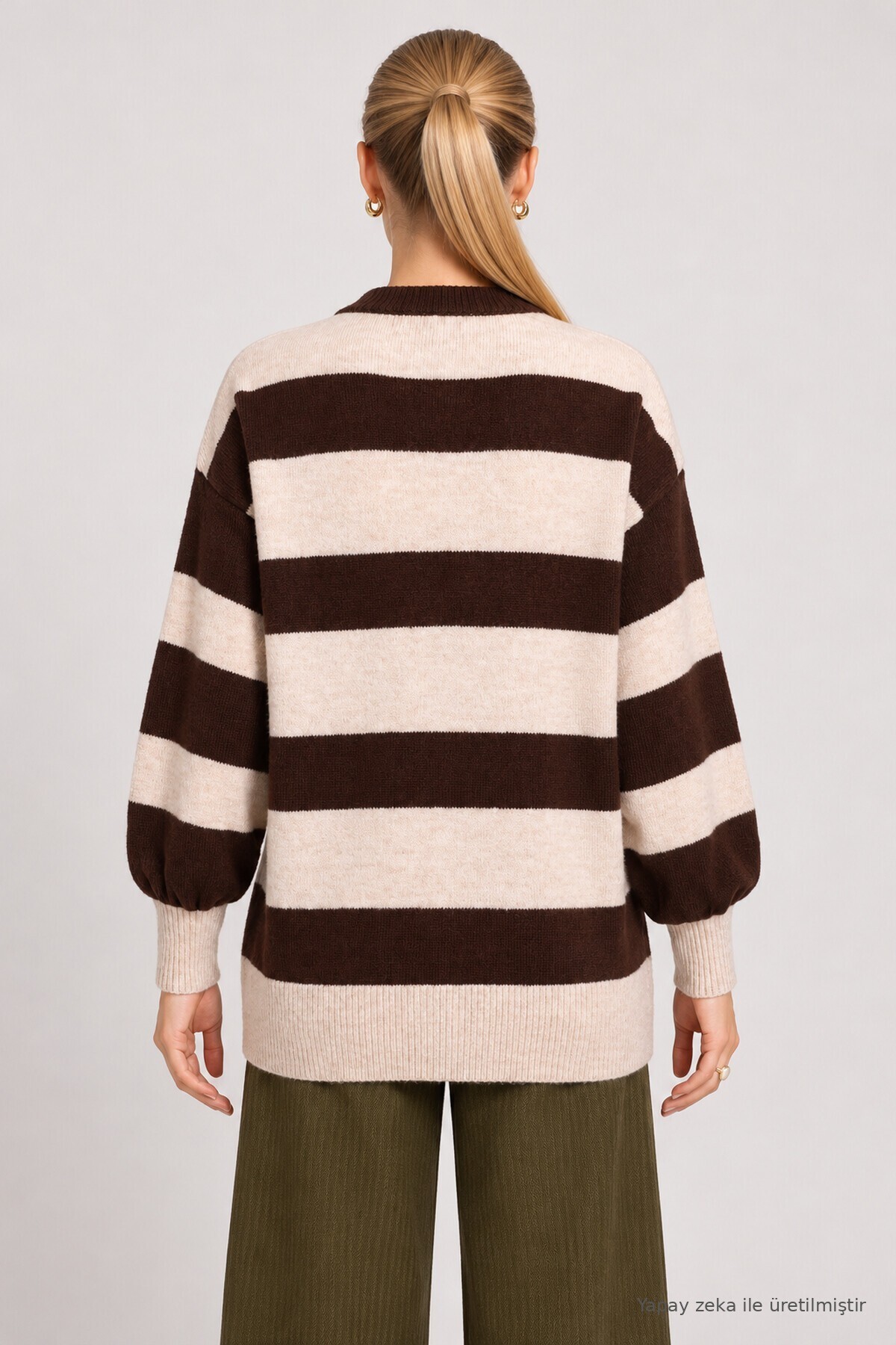 Atkılı Çizgili Oversize Triko Hırka KAHVERENGİ TAŞ LYY0155