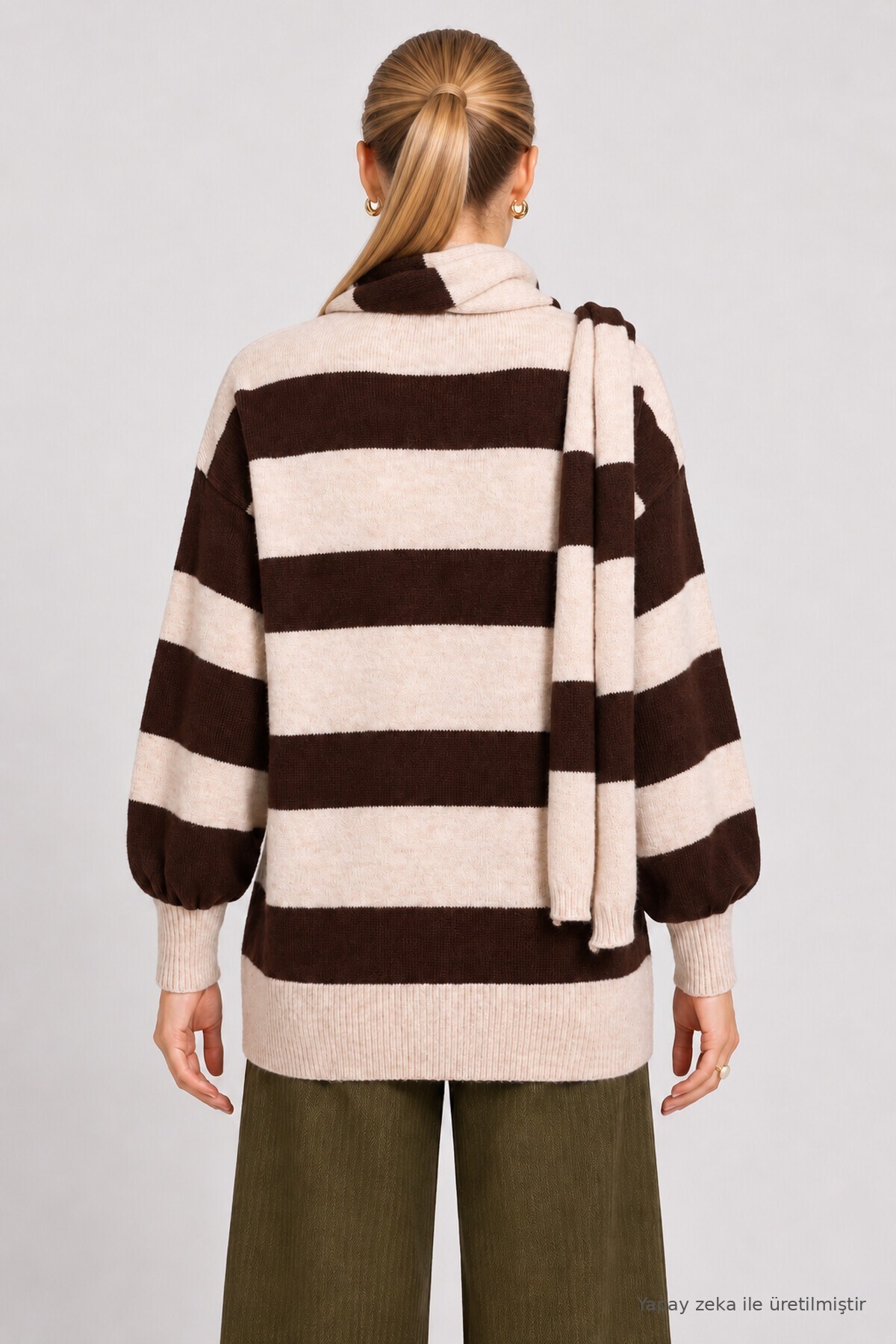 Atkılı Çizgili Oversize Triko Hırka KAHVERENGİ TAŞ LYY0155