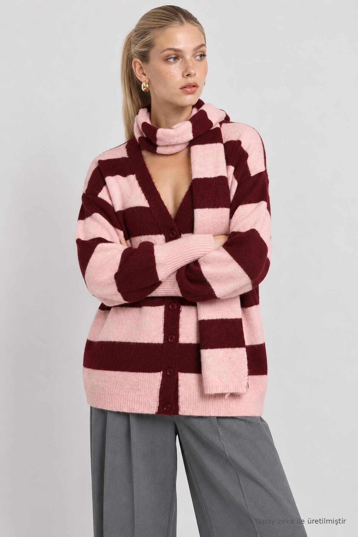Atkılı Çizgili Oversize Triko Hırka PEMBE MÜRDÜM LYY0155