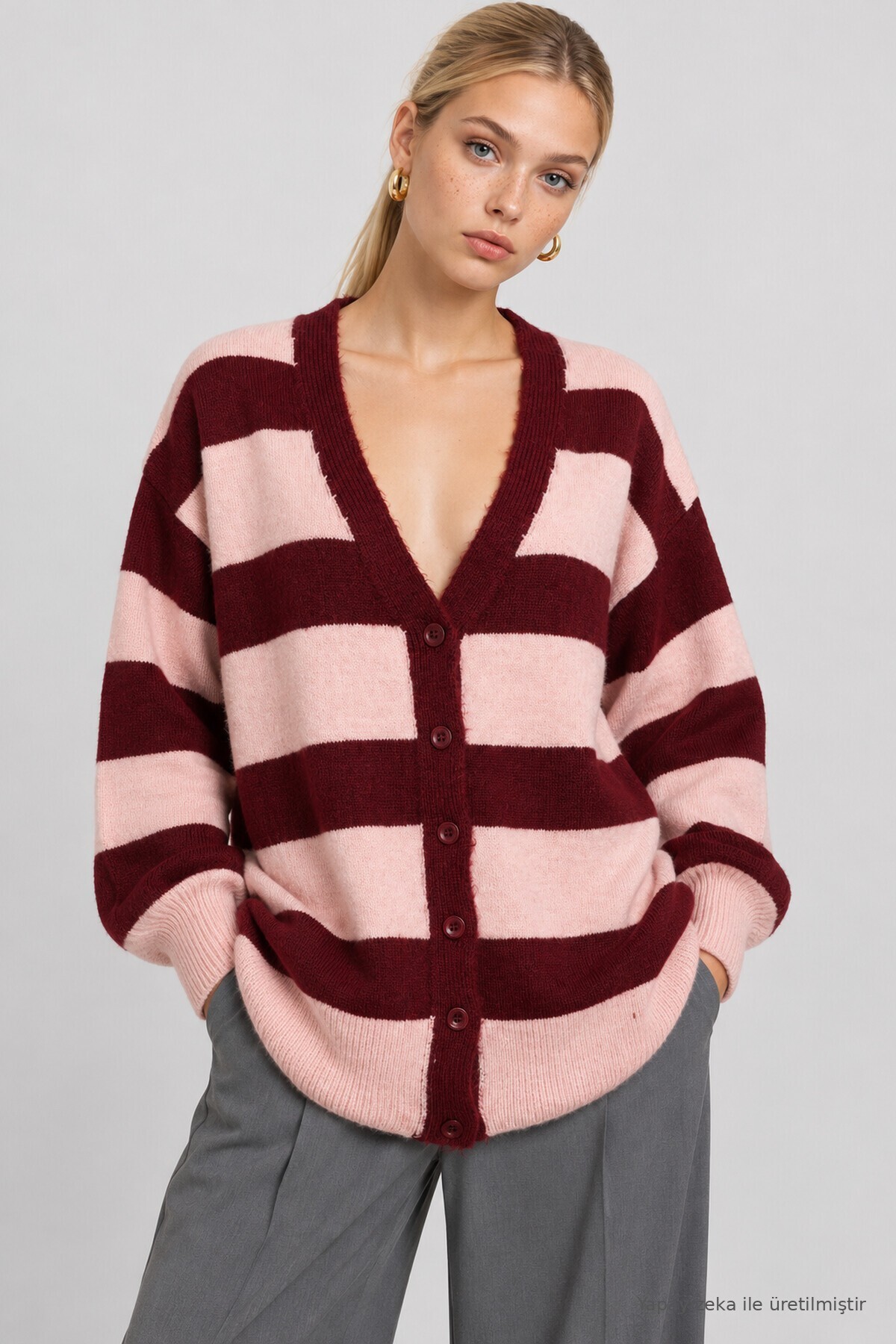 Atkılı Çizgili Oversize Triko Hırka PEMBE MÜRDÜM LYY0155
