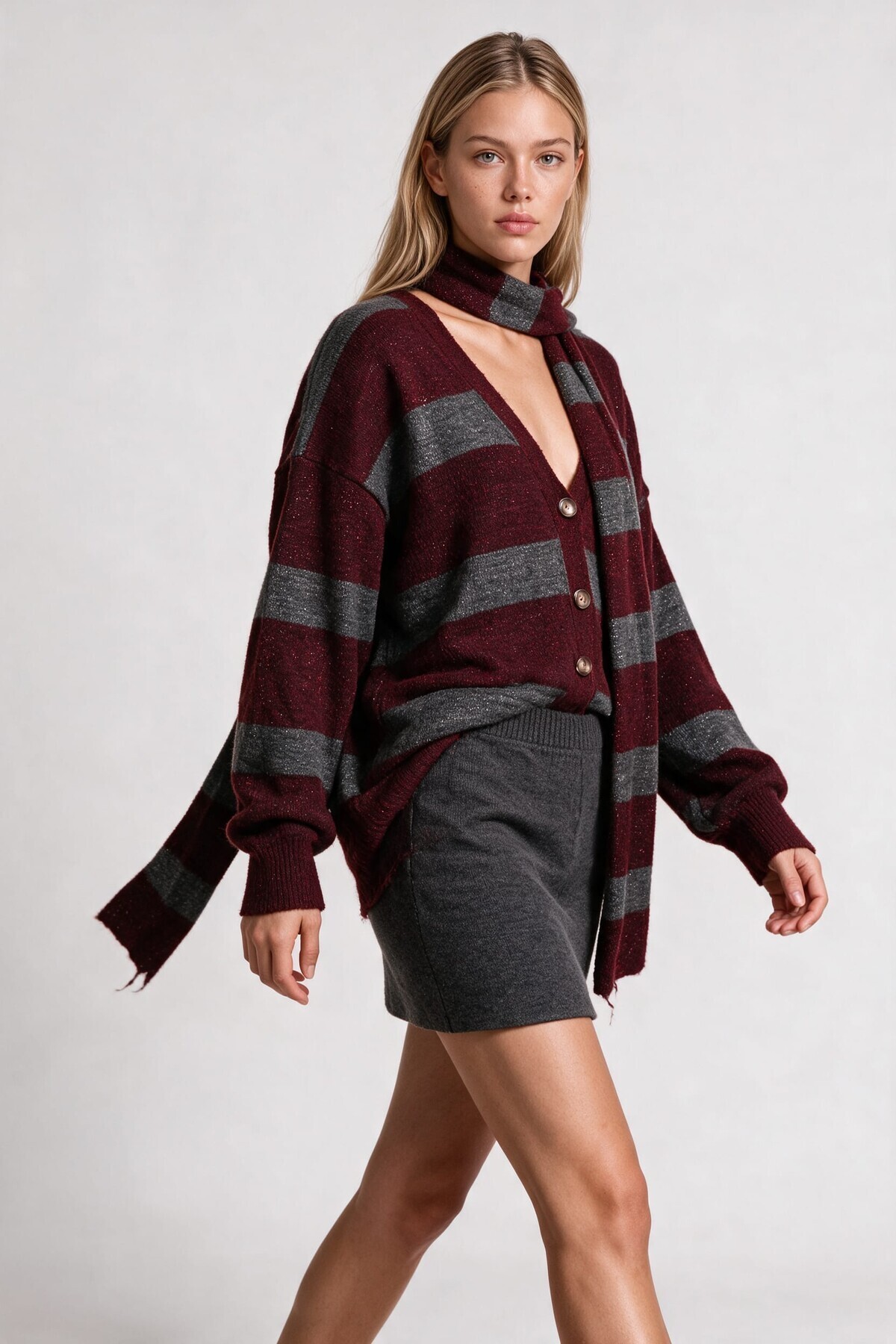 Atkılı Simli Çizgili Oversize Triko Hırka ANTRASİT BORDO LYY0155