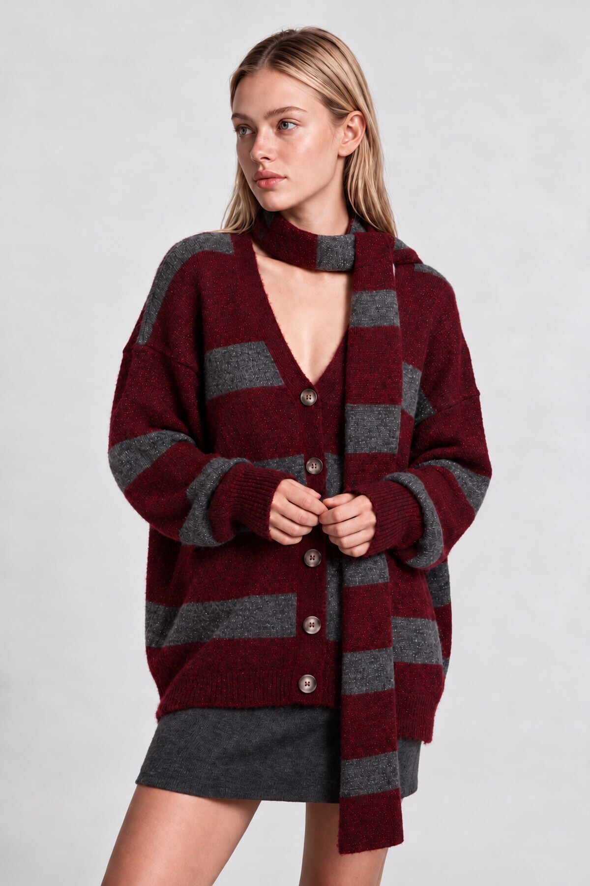 Atkılı Simli Çizgili Oversize Triko Hırka ANTRASİT BORDO LYY0155