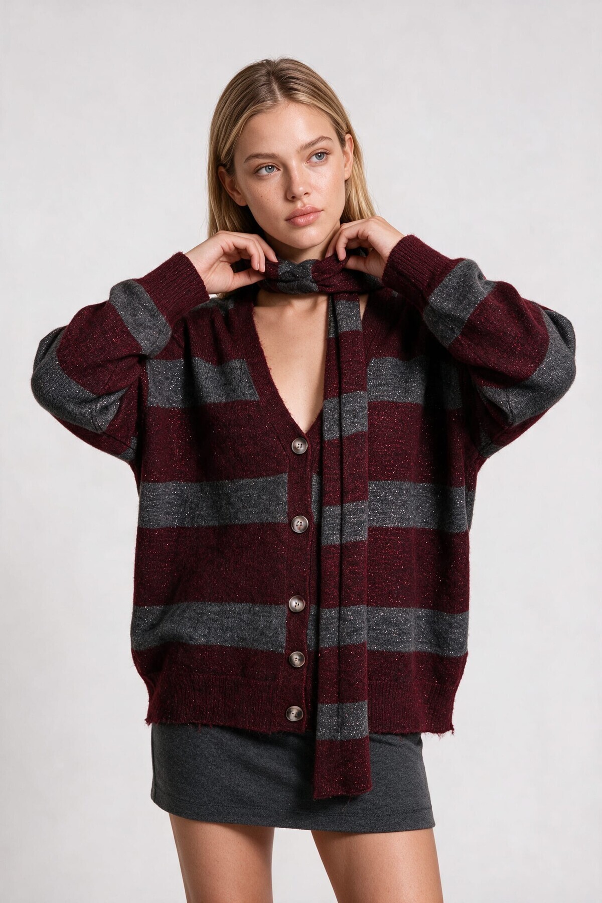 Atkılı Simli Çizgili Oversize Triko Hırka ANTRASİT BORDO LYY0155