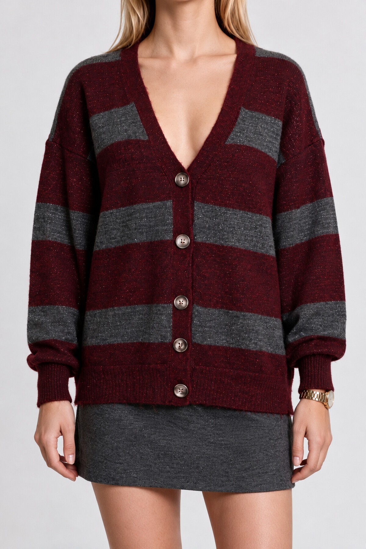 Atkılı Simli Çizgili Oversize Triko Hırka ANTRASİT BORDO LYY0155