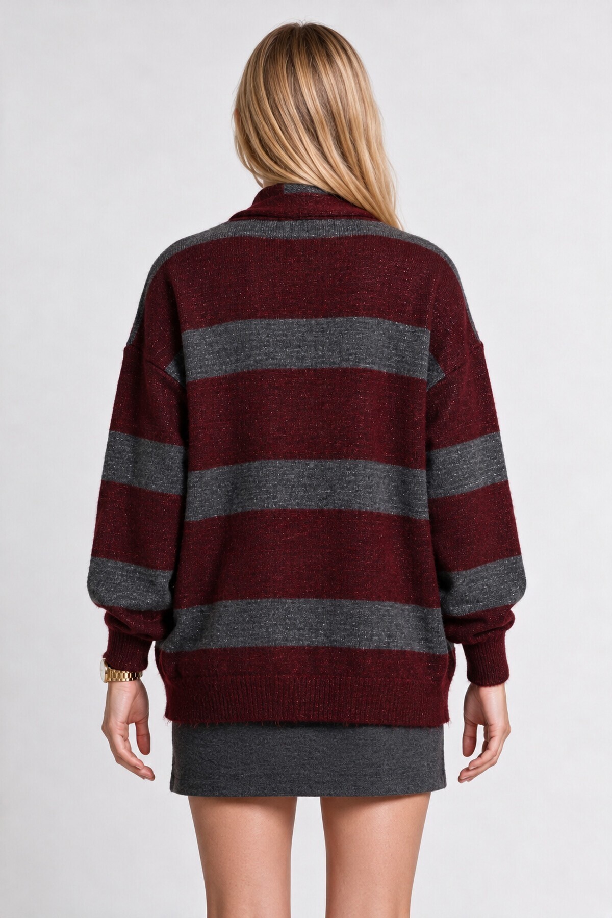 Atkılı Simli Çizgili Oversize Triko Hırka ANTRASİT BORDO LYY0155