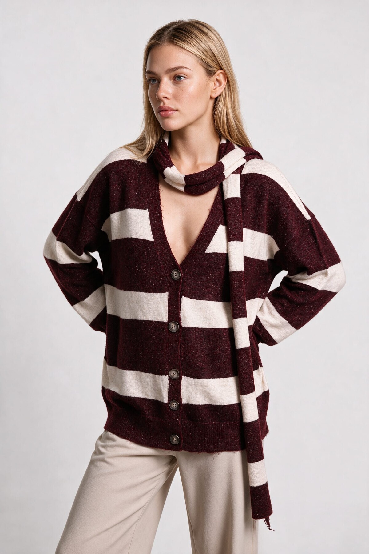 Atkılı Simli Çizgili Oversize Triko Hırka BORDO KEMİK LYY0155
