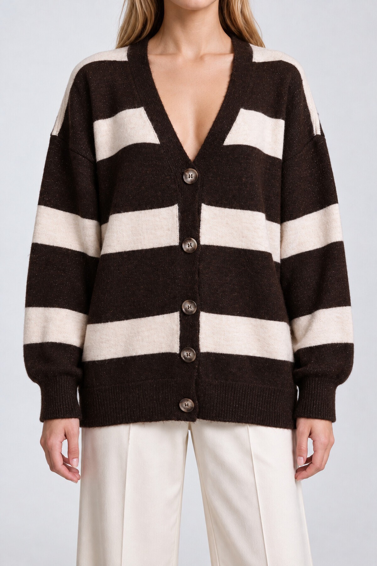 Atkılı Simli Çizgili Oversize Triko Hırka KAHVERENGİ KEMİK LYY0155