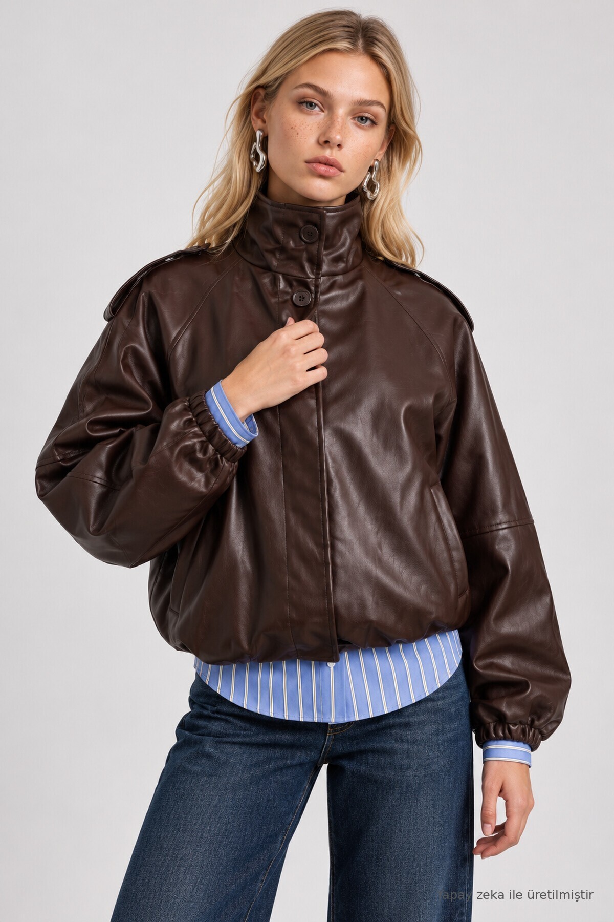 Bomber Suni Deri Ceket KAHVERENGİ LAX0019