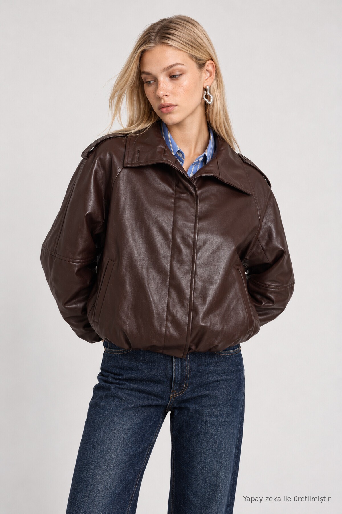 Bomber Suni Deri Ceket KAHVERENGİ LAX0019
