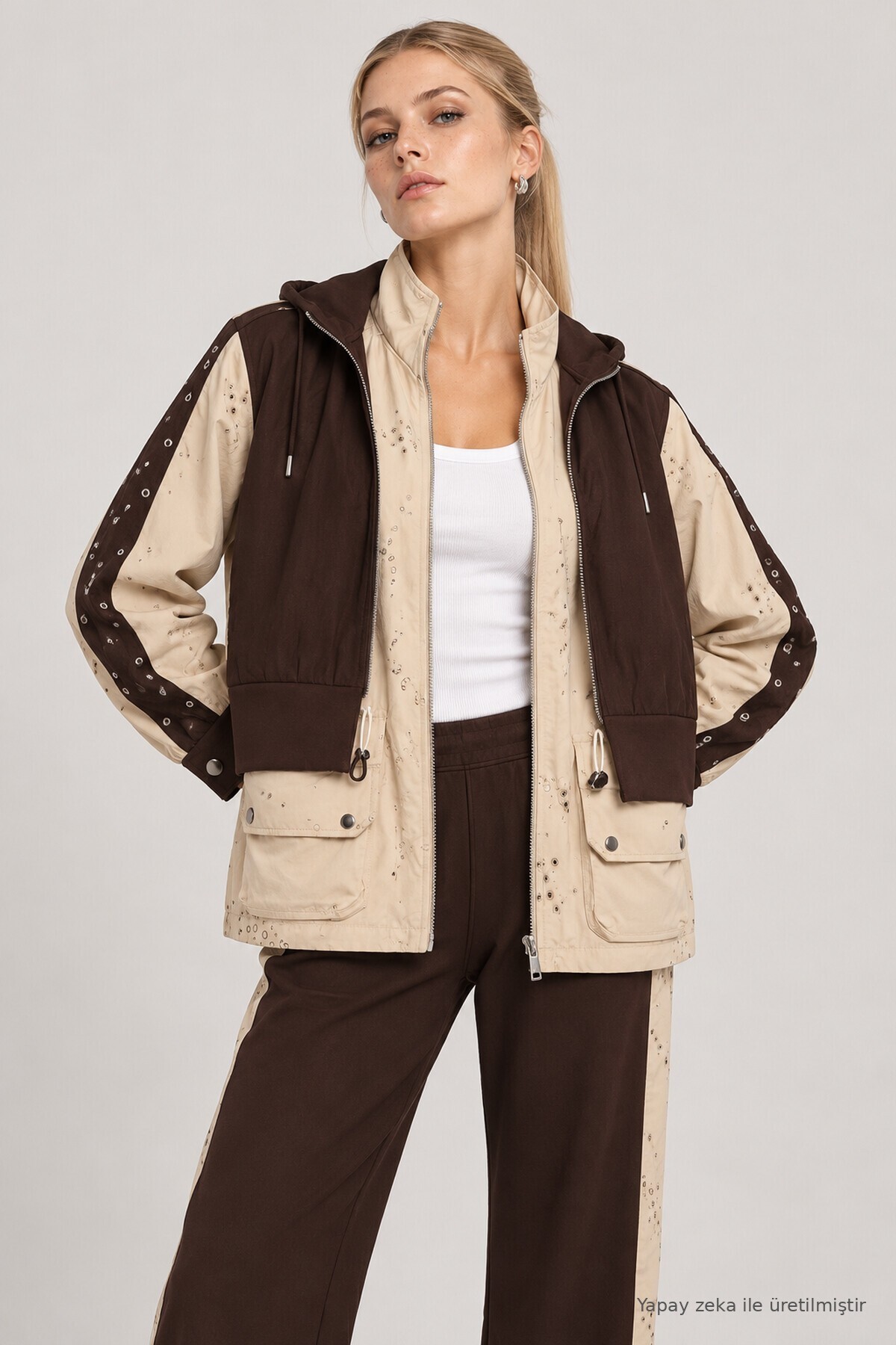 Çift Parça Görünüm Colorblock Alt-Üst Takım KAHVERENGİ LBY0108