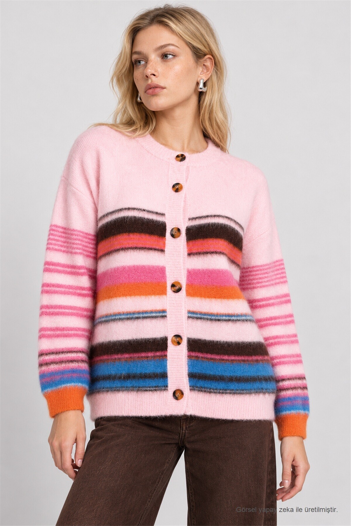 Çizgili Oversize Triko Hırka PEMBE LYY0156