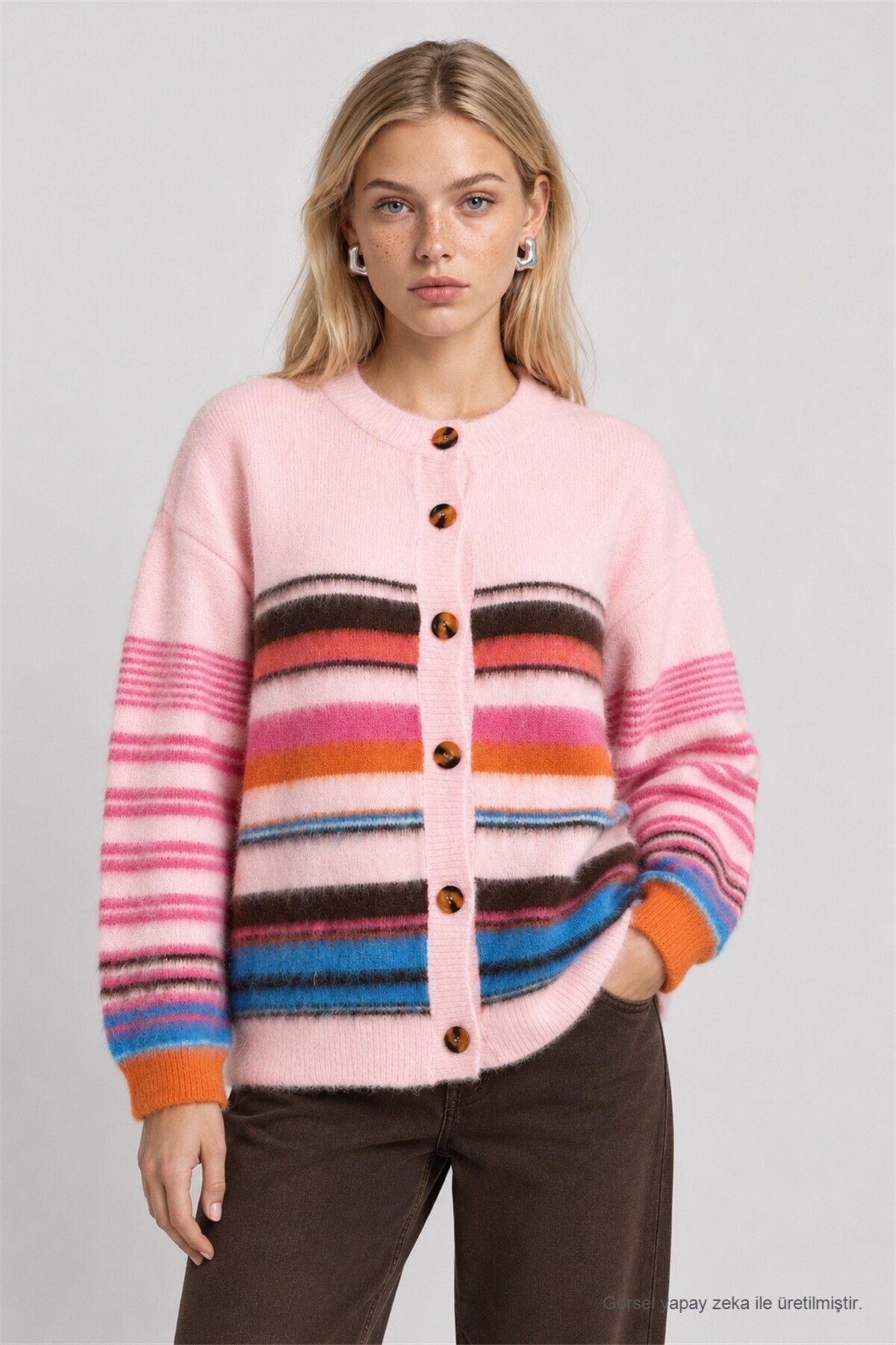 Çizgili Oversize Triko Hırka PEMBE LYY0156