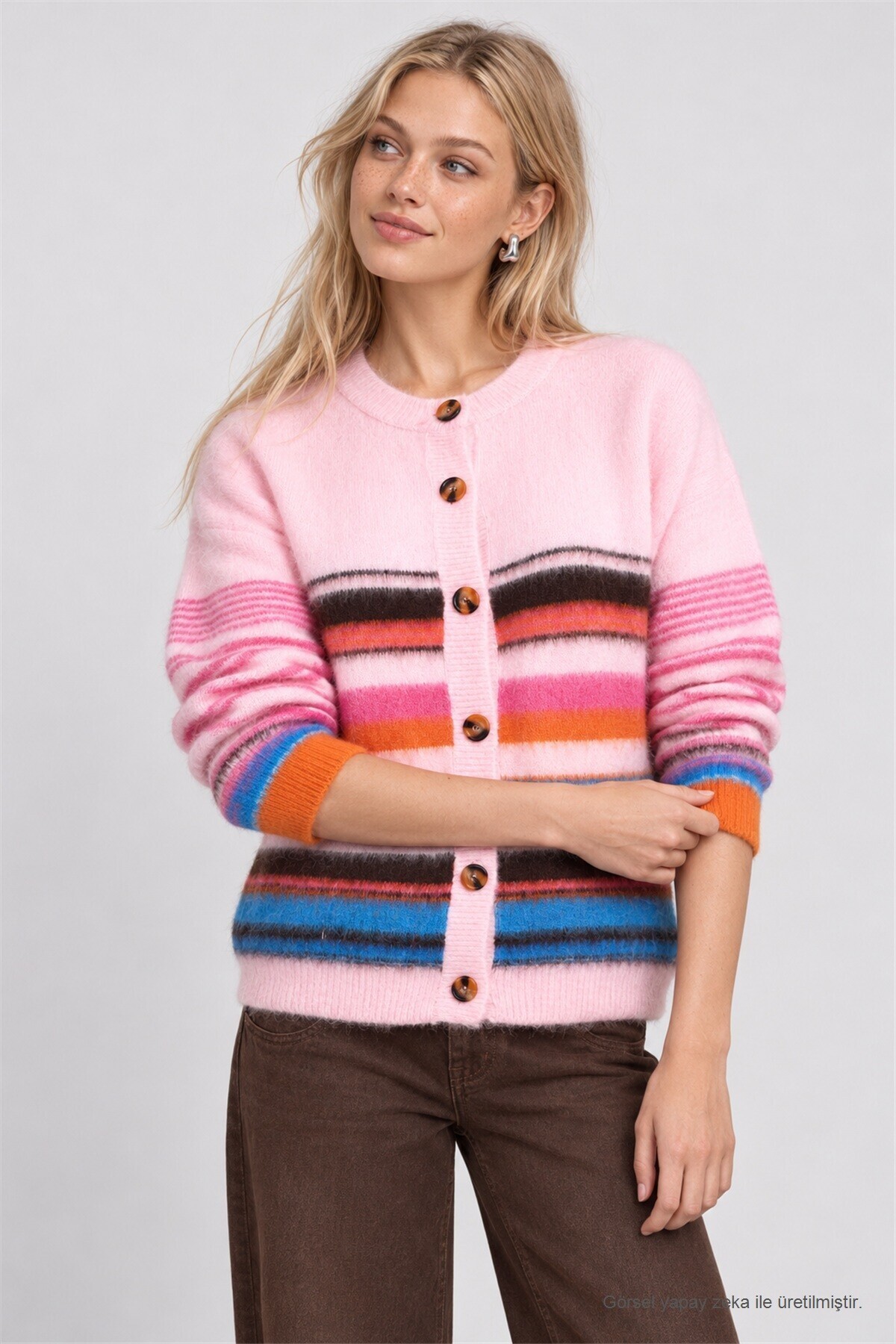 Çizgili Oversize Triko Hırka PEMBE LYY0156