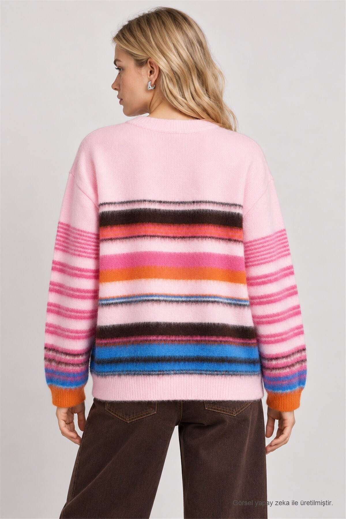 Çizgili Oversize Triko Hırka PEMBE LYY0156