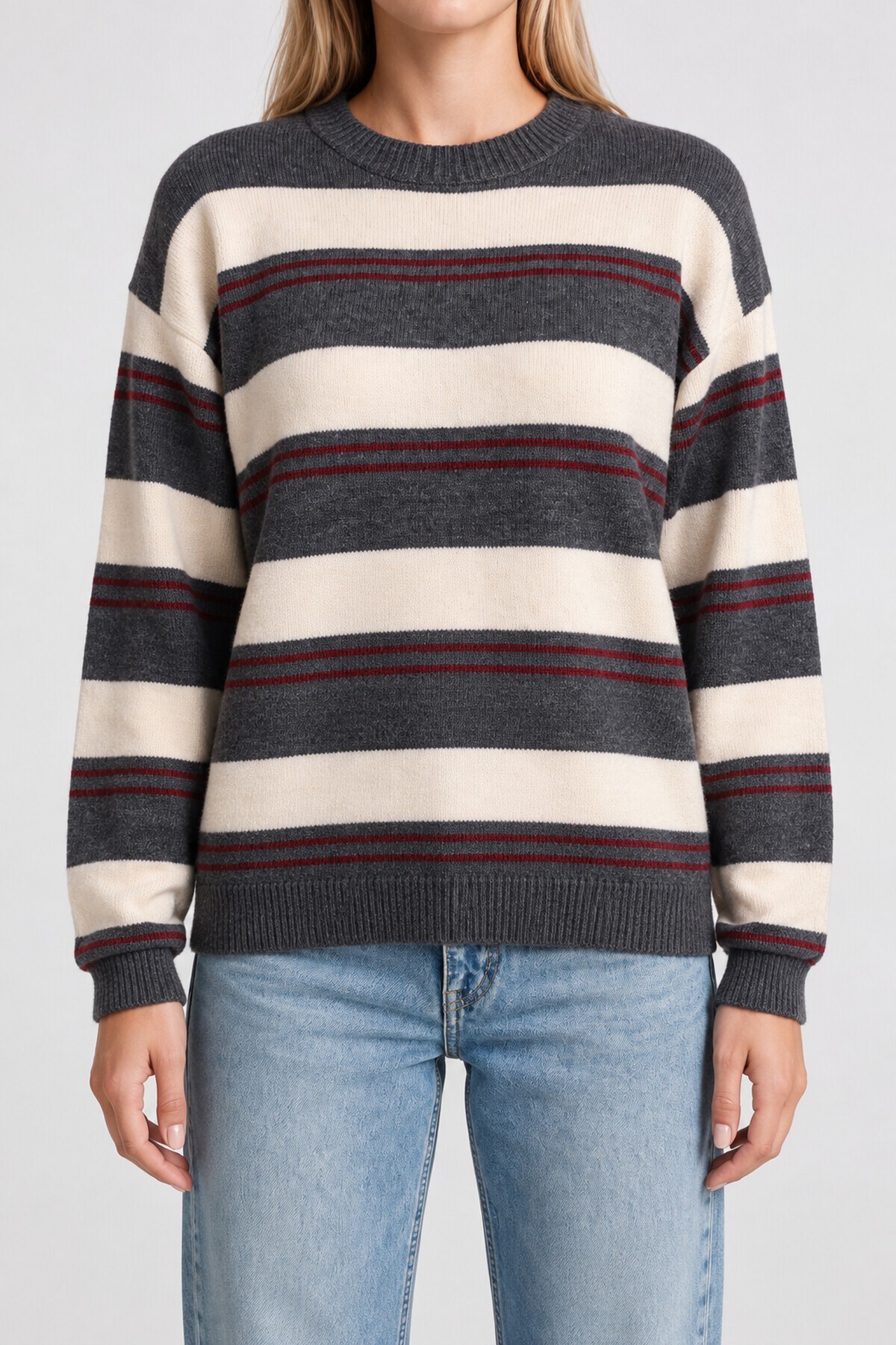 Çizgili Oversize Triko Kazak 4302 ANTRASİT KEMİK LKİ0076
