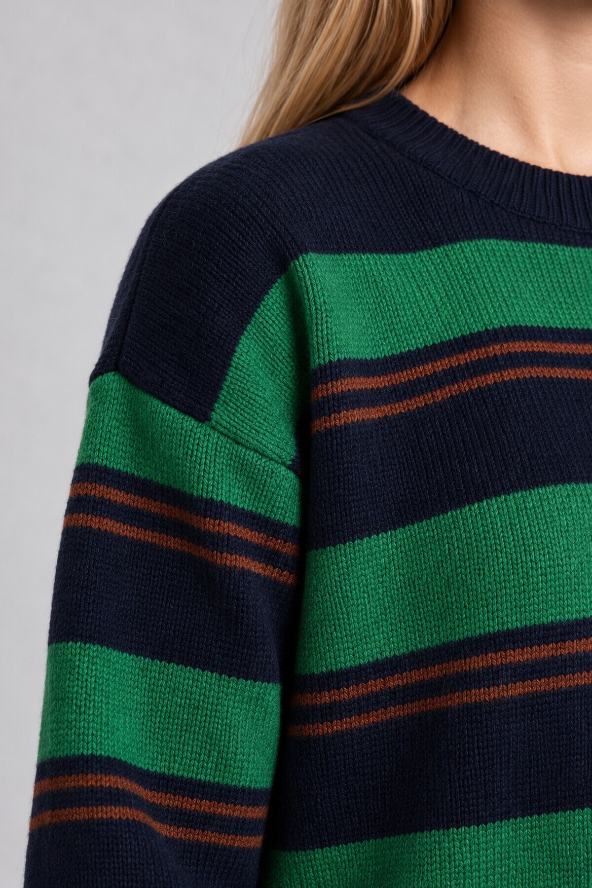 Çizgili Oversize Triko Kazak 4302 LACİVERT YEŞİL LKİ0076