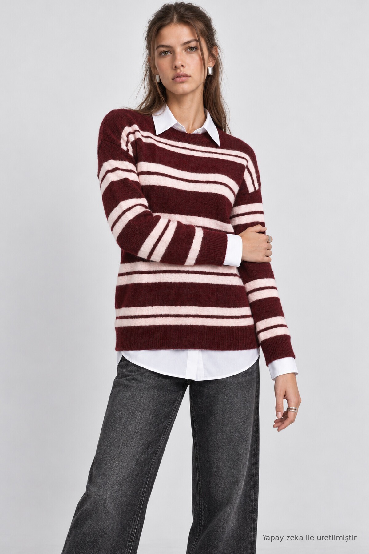 Çizgili Oversize Triko Kazak BORDO PEMBE LMA0001