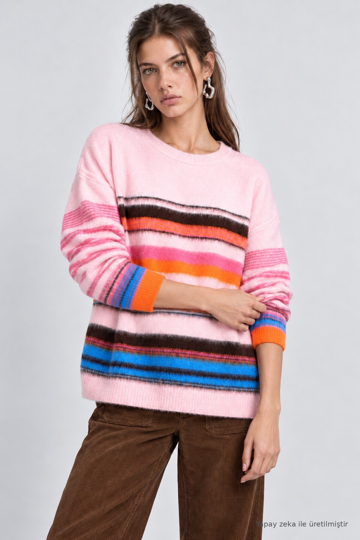 Çizgili Oversize Triko Kazak PEMBE ORANJ LMA0004