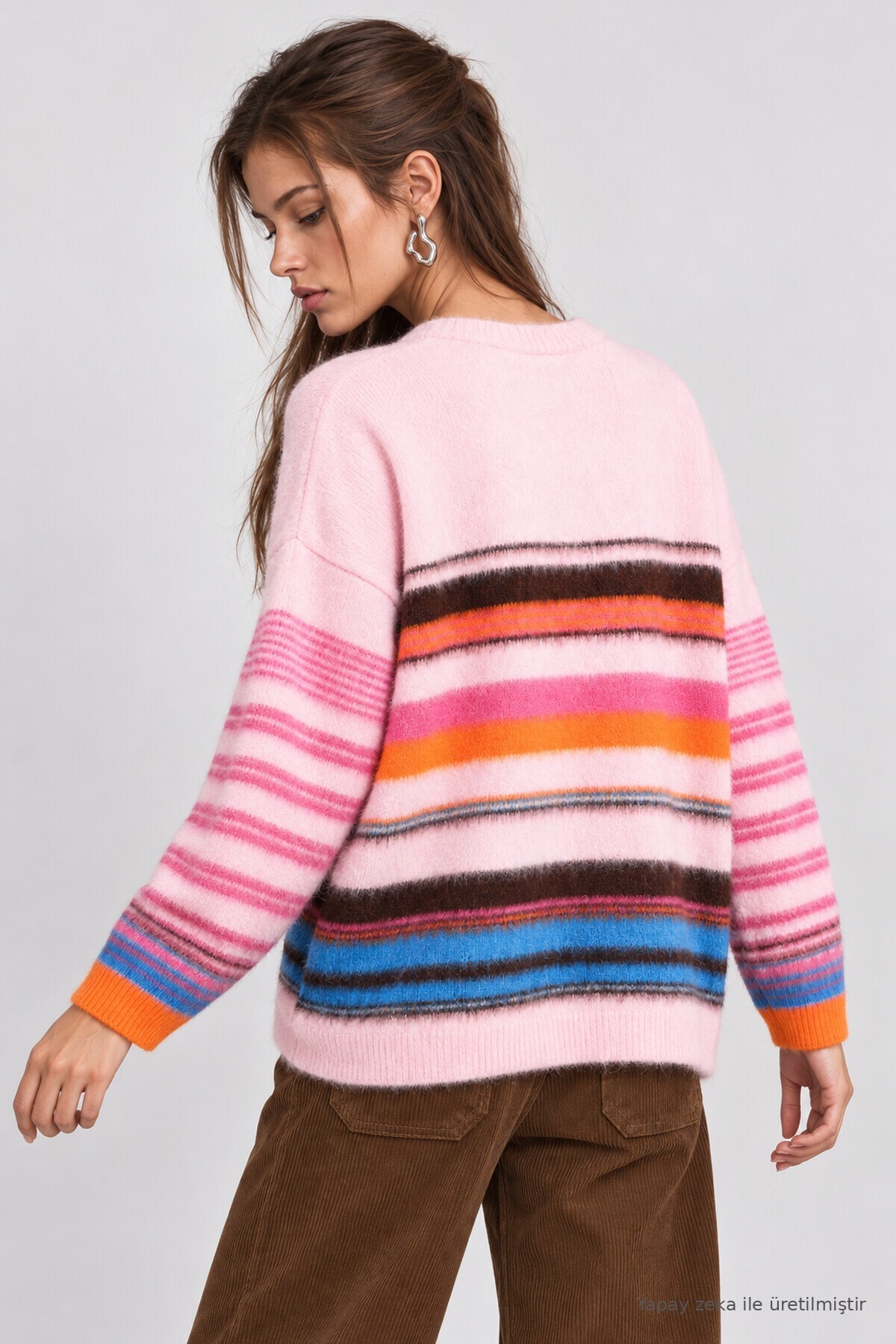 Çizgili Oversize Triko Kazak PEMBE ORANJ LMA0004