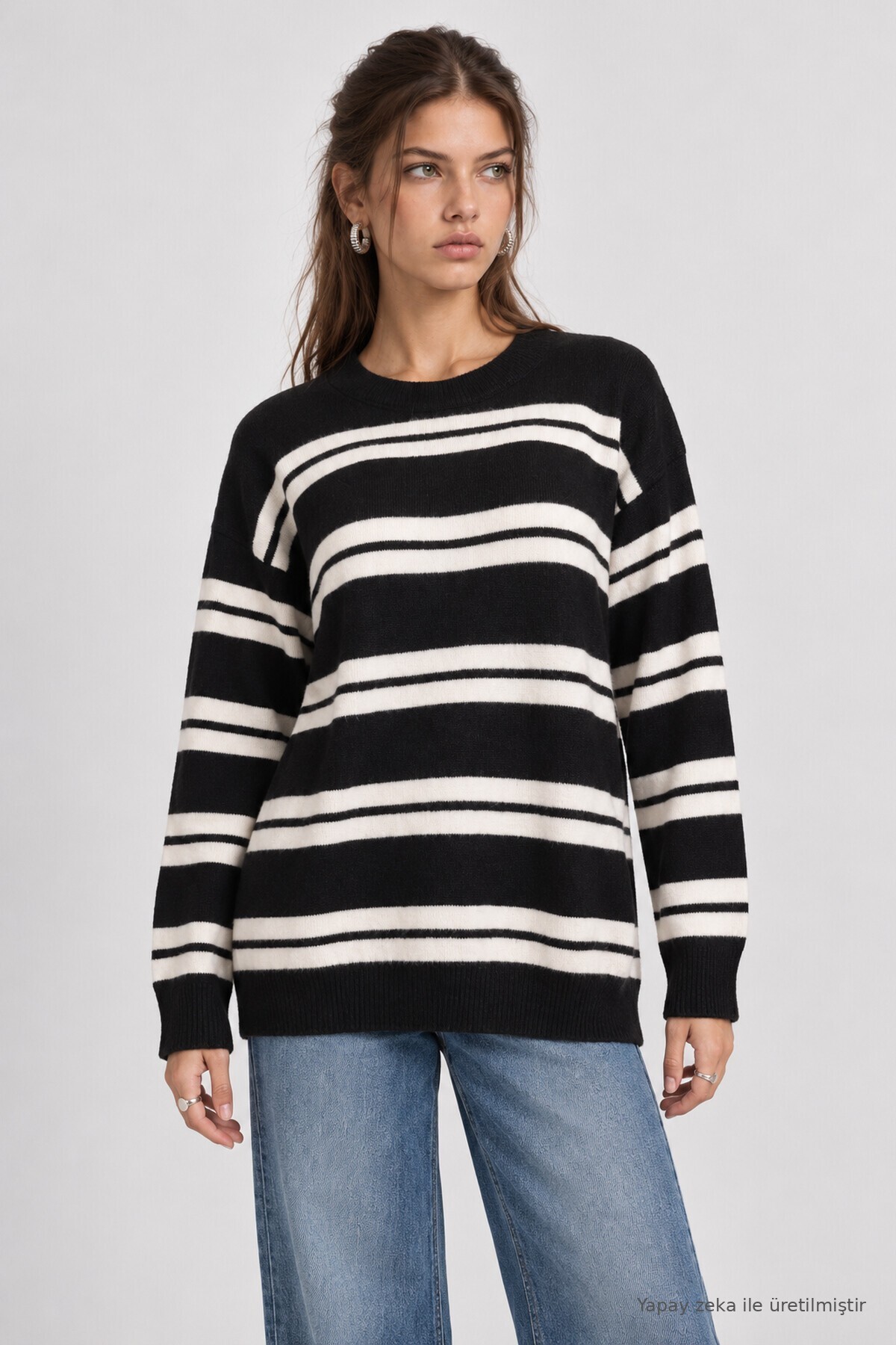 Çizgili Oversize Triko Kazak SİYAH EKRU LMA0001