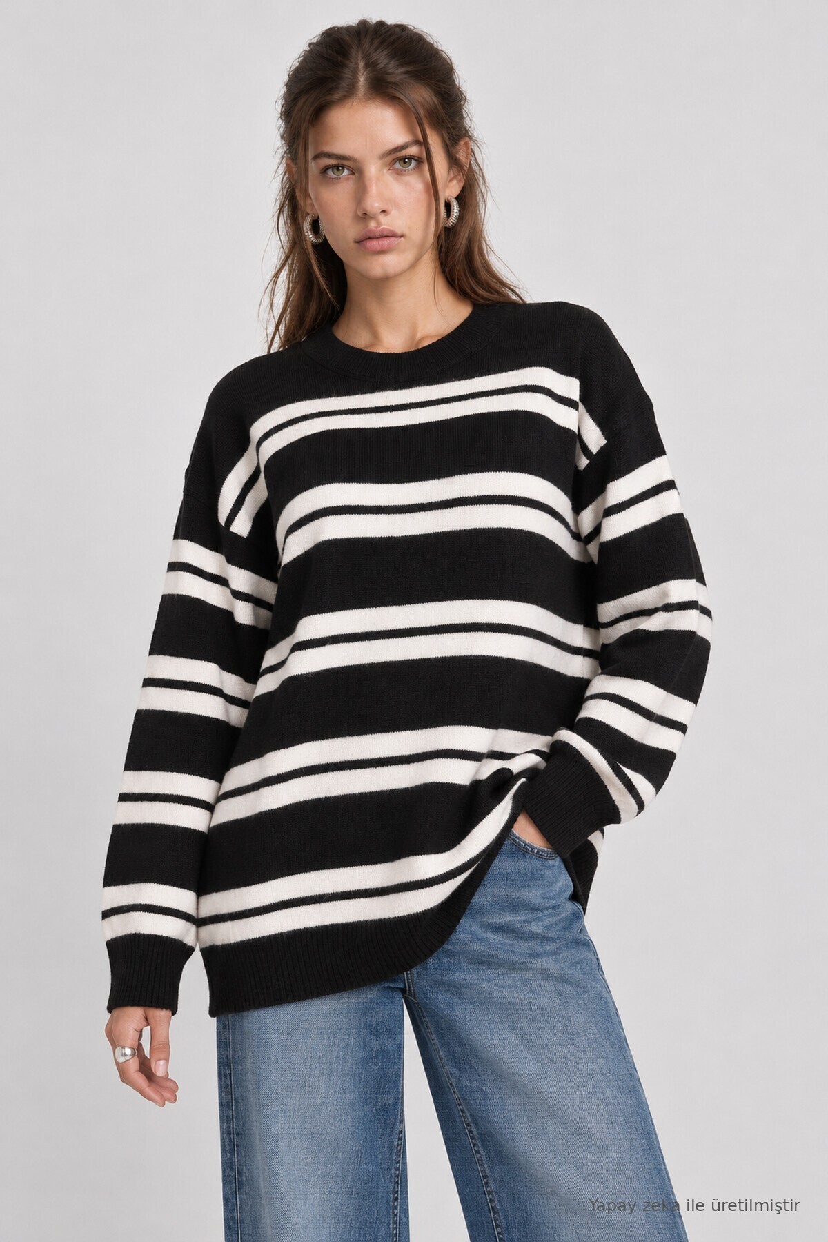 Çizgili Oversize Triko Kazak SİYAH EKRU LMA0001