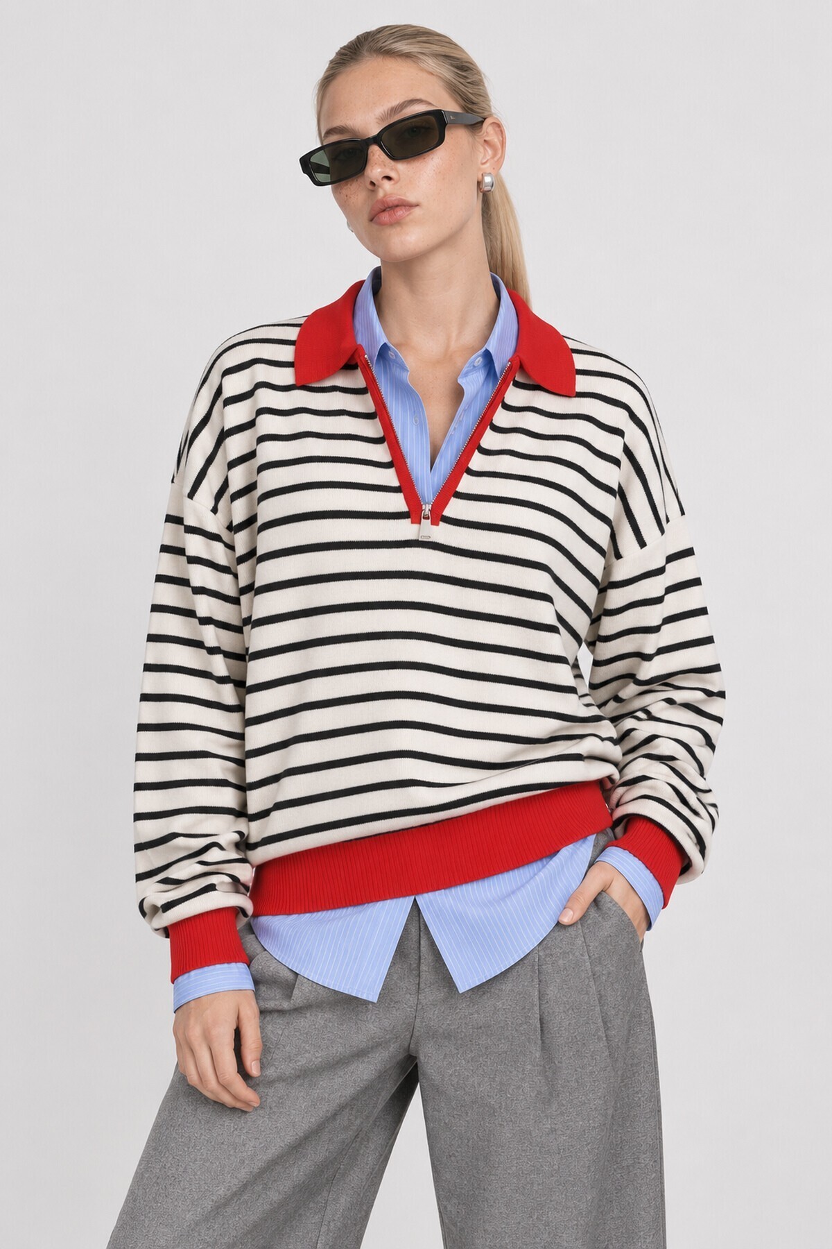 Çizgili Polo Yaka Oversize Triko Kazak 4419 EKRU KIRMIZI LKİ0056