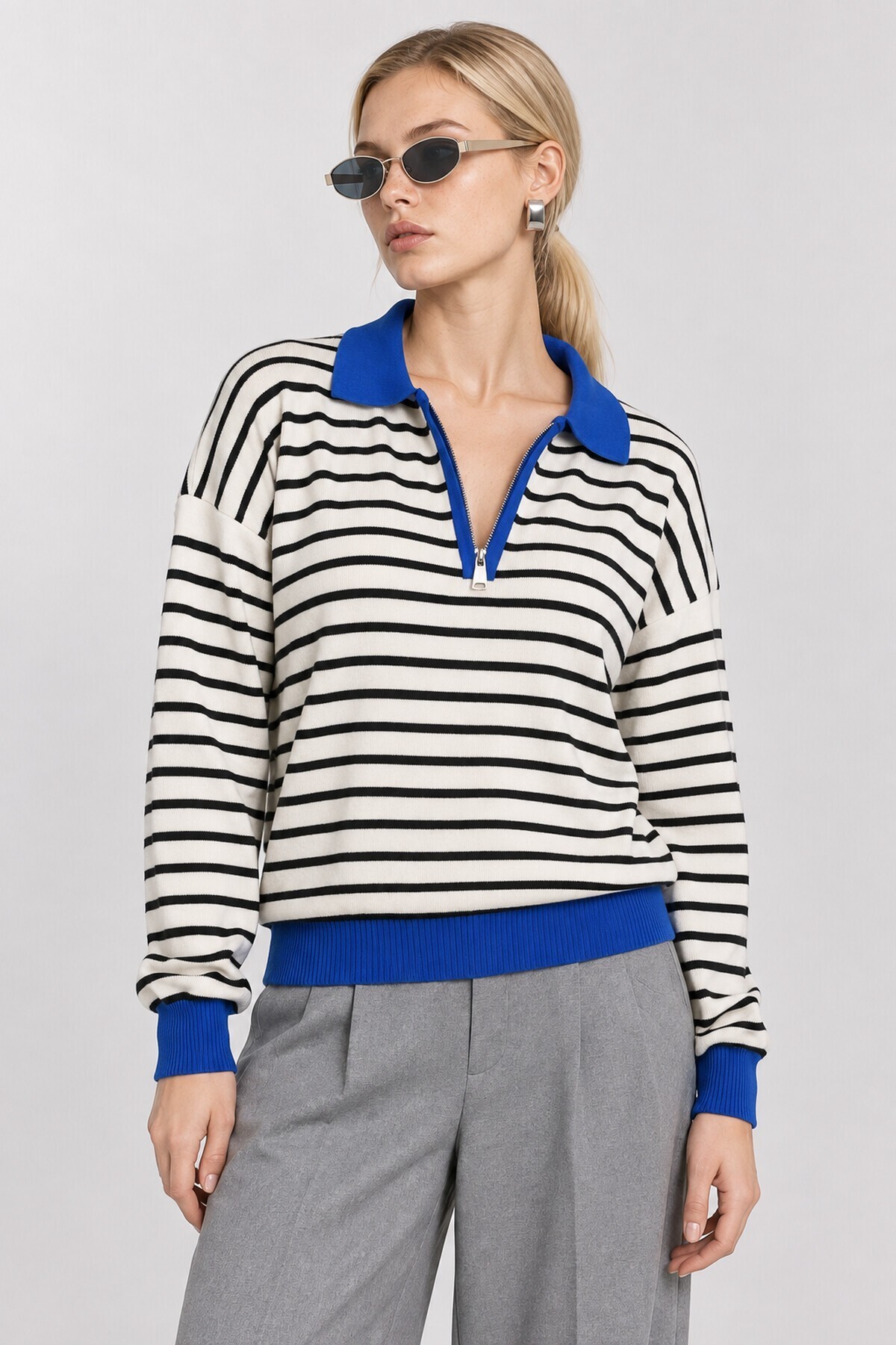 Çizgili Polo Yaka Oversize Triko Kazak 4419 EKRU MAVİ LKİ0056
