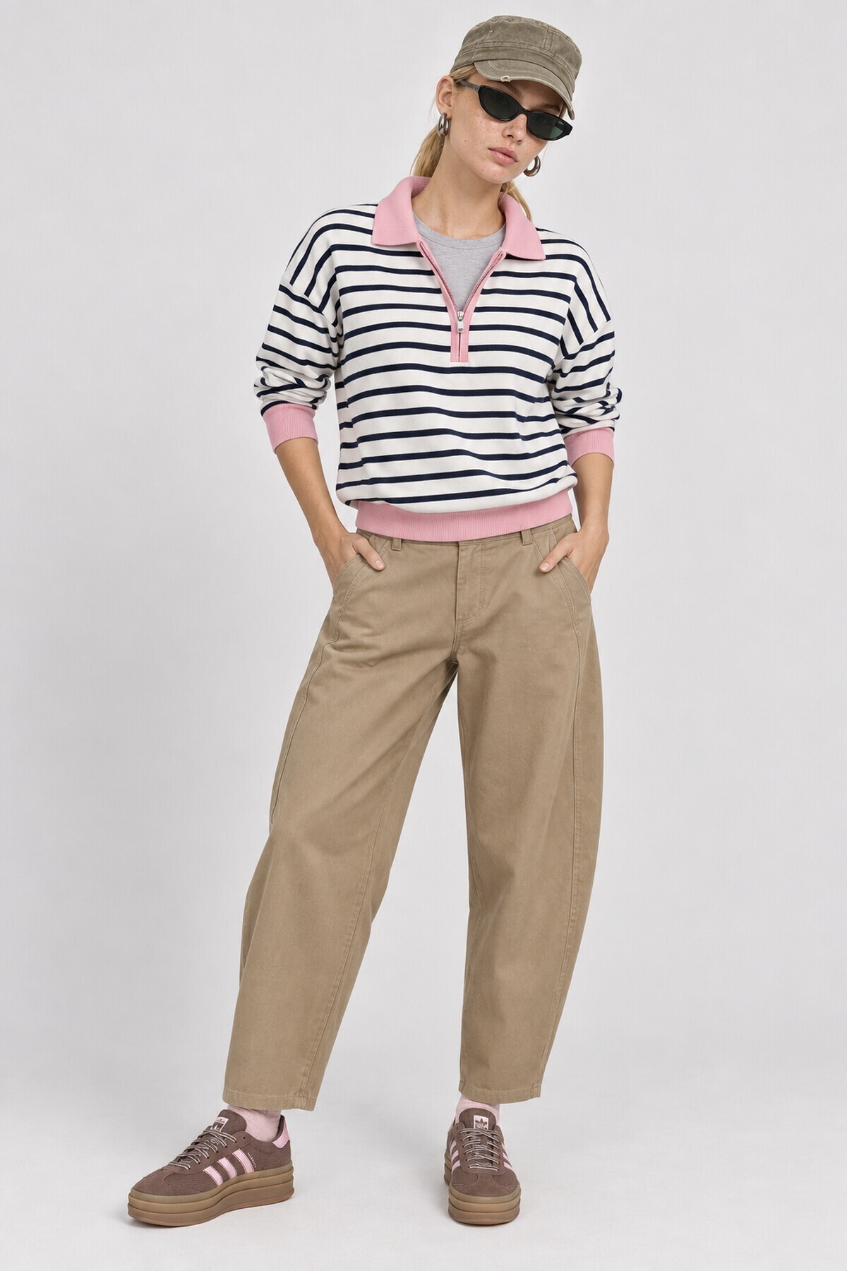 Çizgili Polo Yaka Oversize Triko Kazak 4419 EKRU PEMBE LKİ0056
