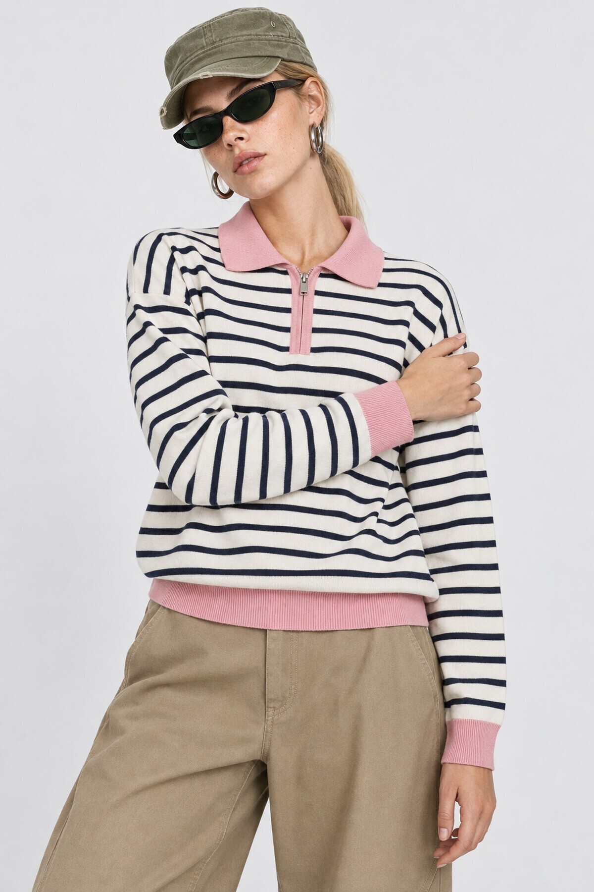 Çizgili Polo Yaka Oversize Triko Kazak 4419 EKRU PEMBE LKİ0056
