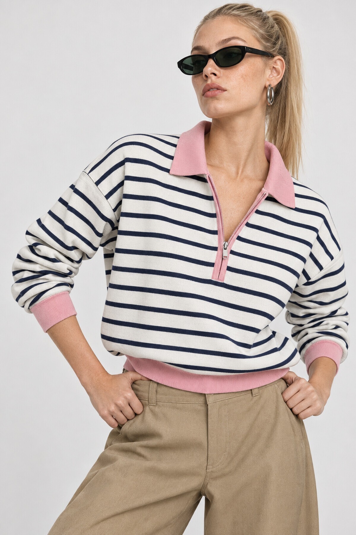 Çizgili Polo Yaka Oversize Triko Kazak 4419 EKRU PEMBE LKİ0056