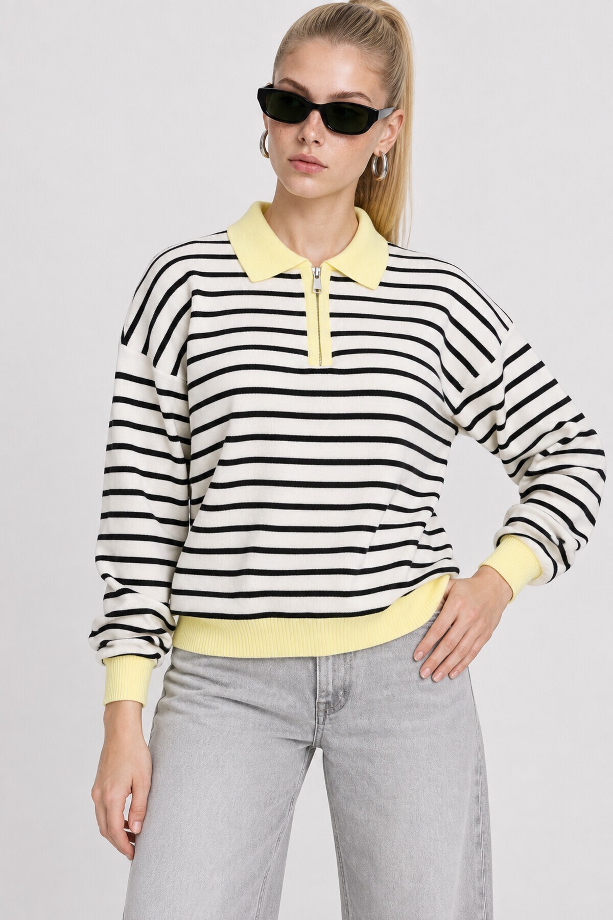 Çizgili Polo Yaka Oversize Triko Kazak 4419 EKRU SARI LKİ0056