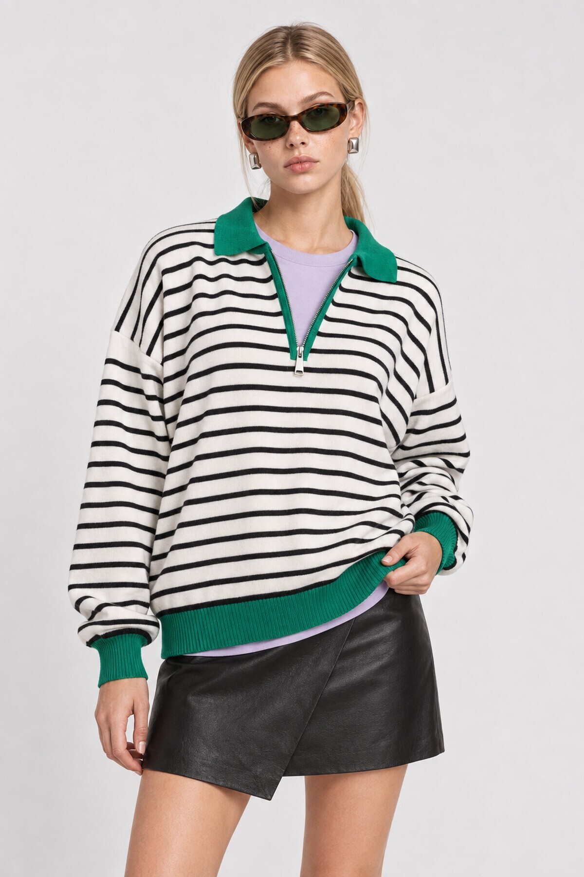 Çizgili Polo Yaka Oversize Triko Kazak 4419 EKRU YEŞİL LKİ0056