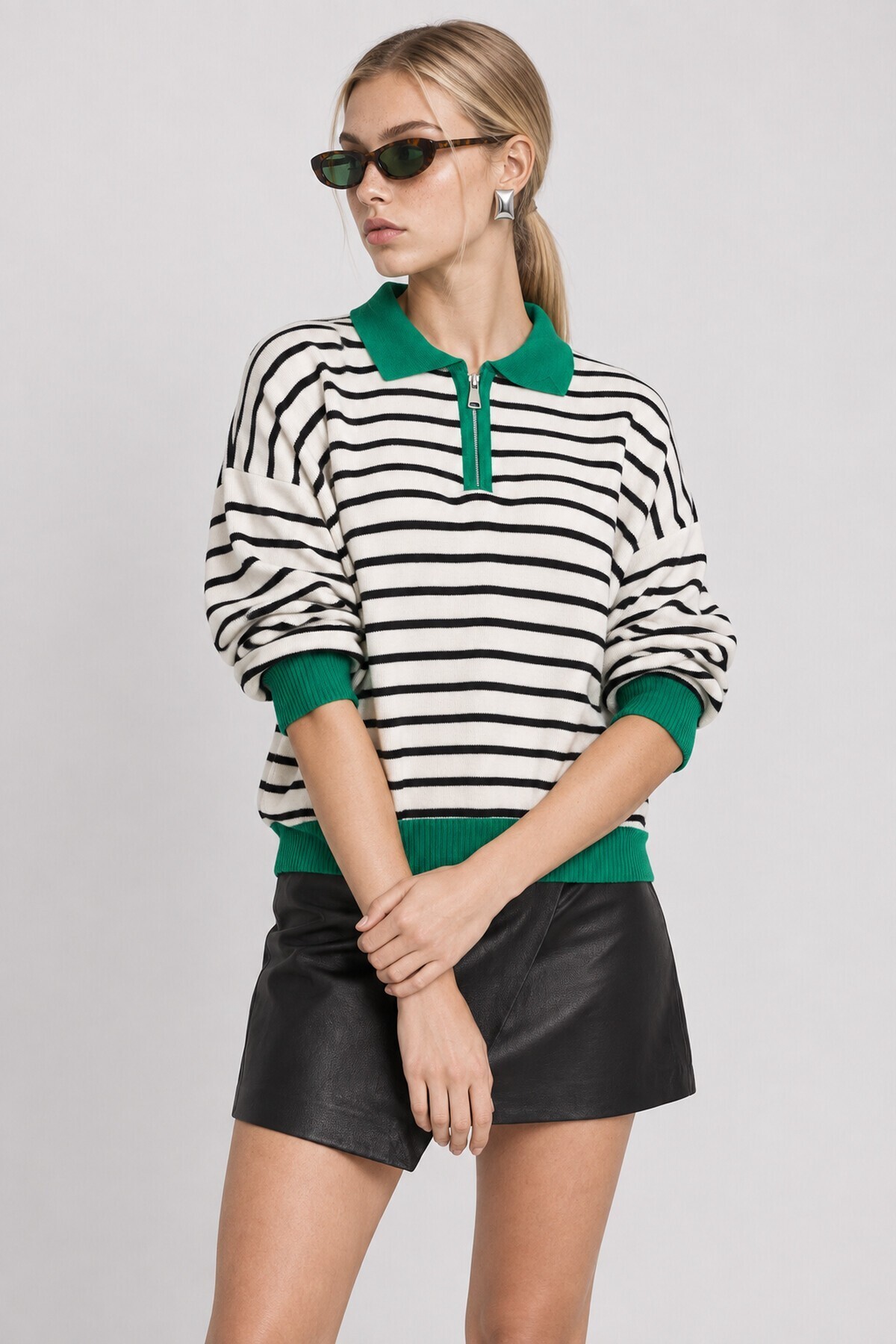 Çizgili Polo Yaka Oversize Triko Kazak 4419 EKRU YEŞİL LKİ0056