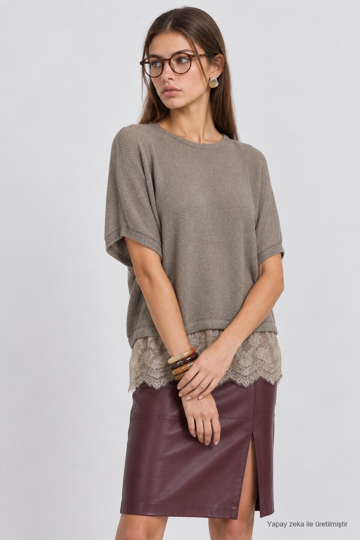 Dantelli Mevsimlik Oversize Triko Bluz 4421 TAŞ LKİ0074