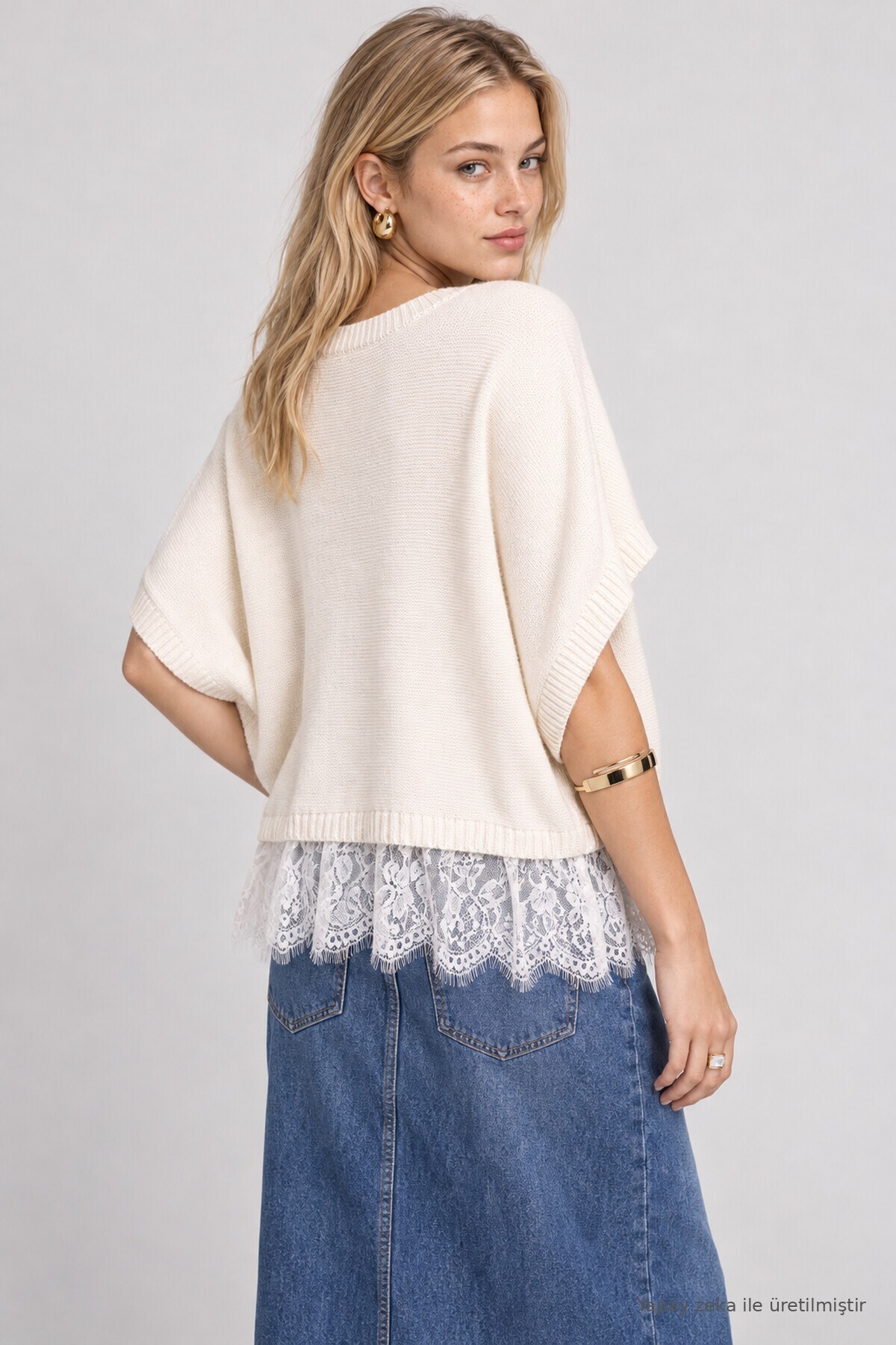 Dantelli Mevsimlik Triko Bluz KEMİK LAS0013