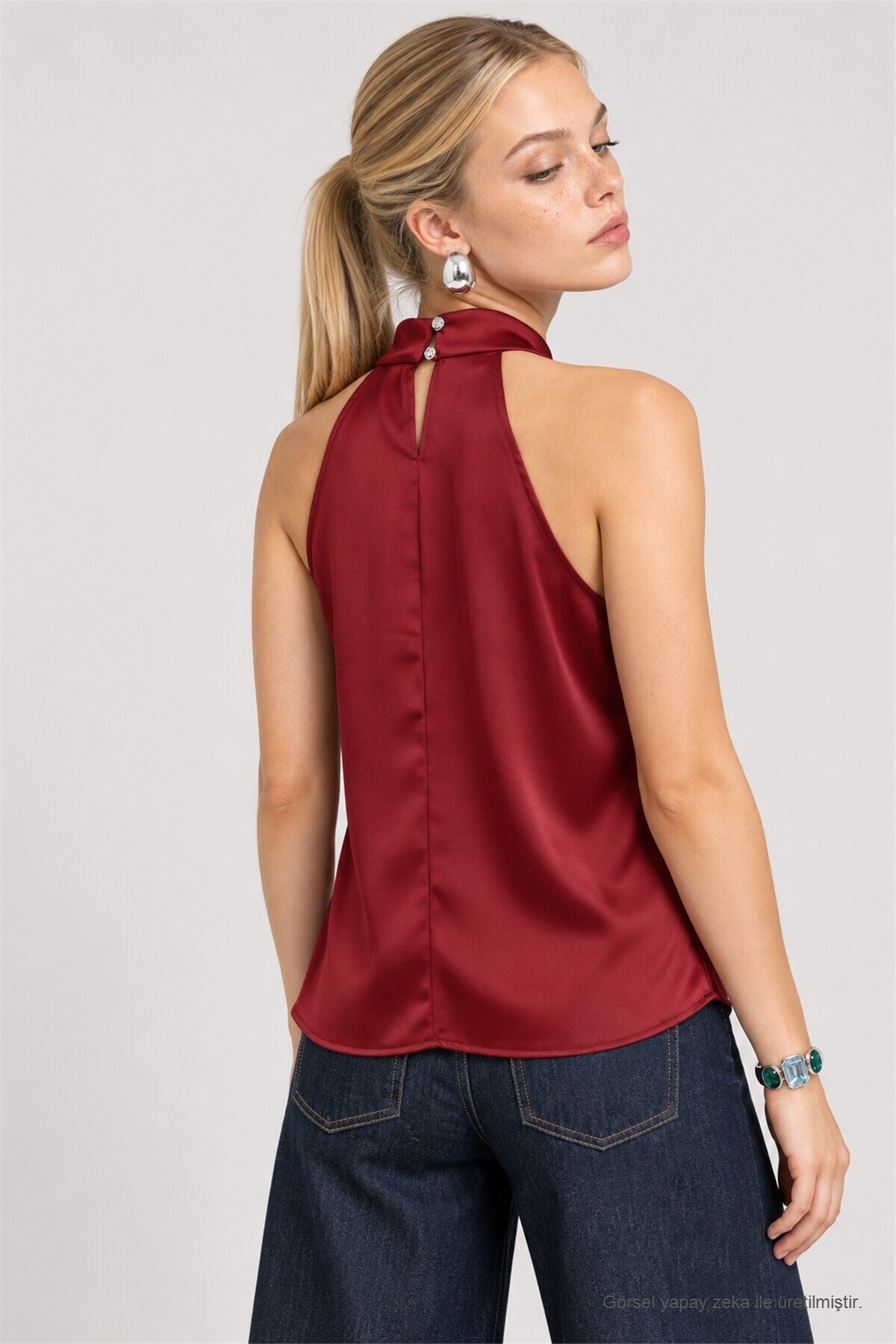 Degaje Yaka Saten Yüzeyli Bluz BORDO LGK0012