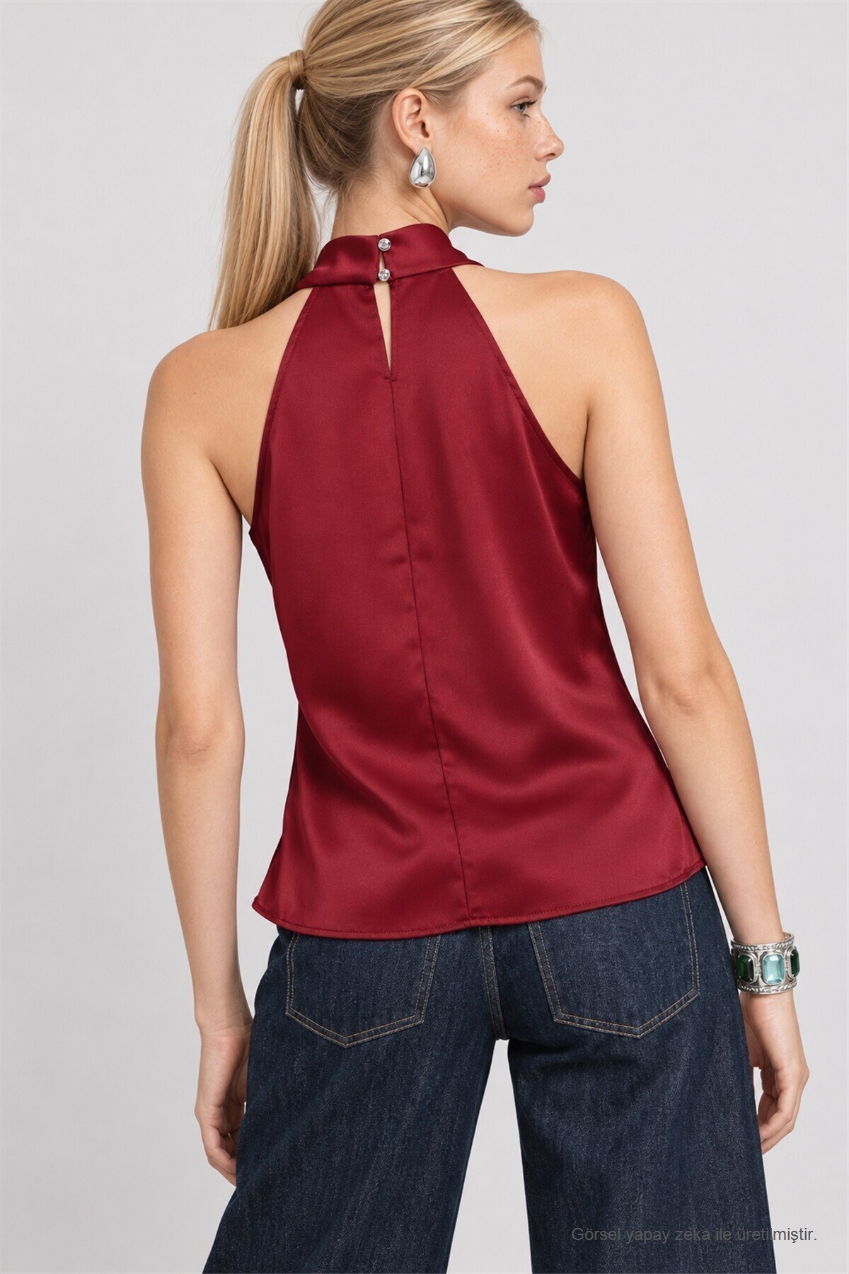 Degaje Yaka Saten Yüzeyli Bluz BORDO LGK0012