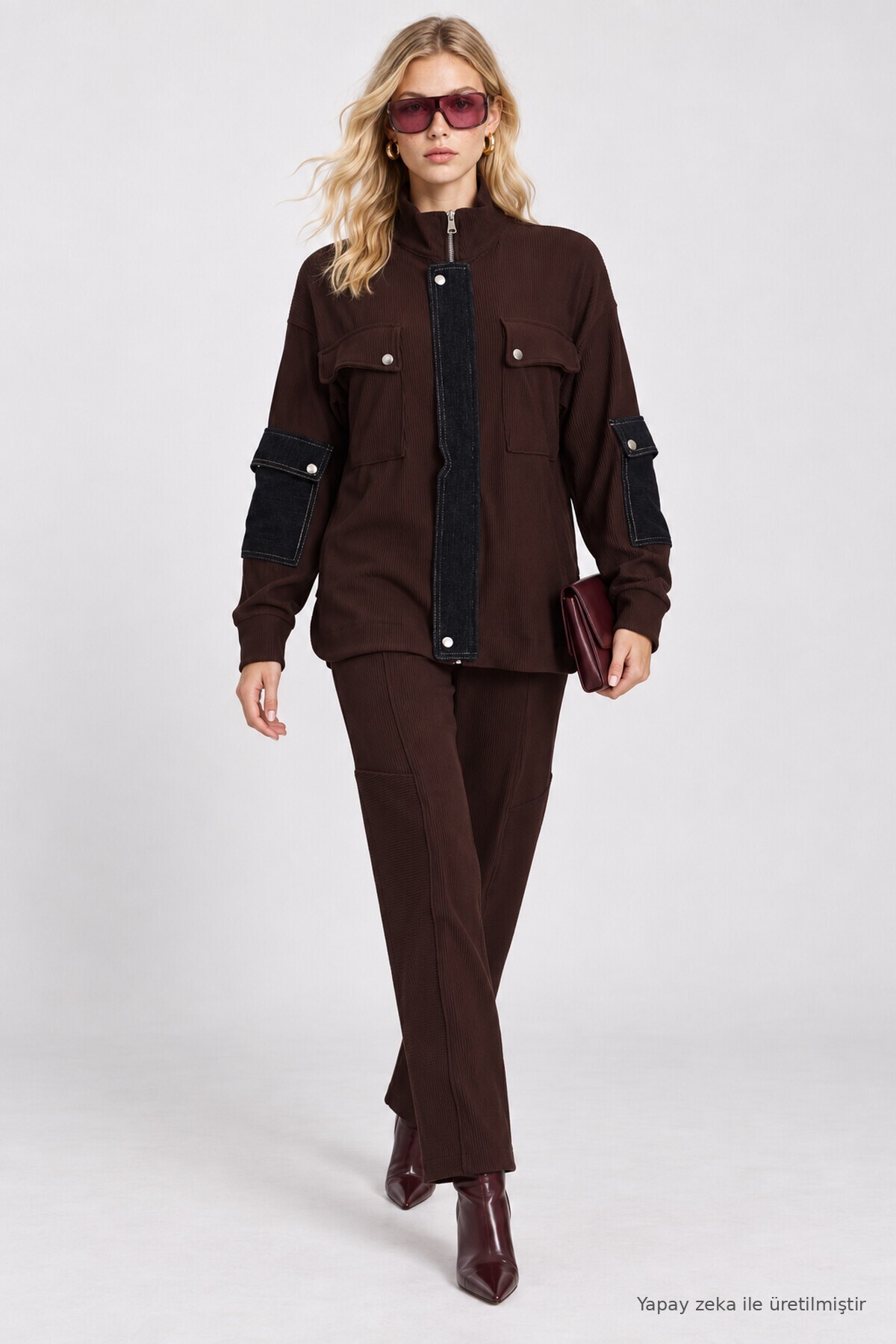 Denim Garnili Fitilli Örme Premium Selection Takım KAHVERENGİ LBY0094