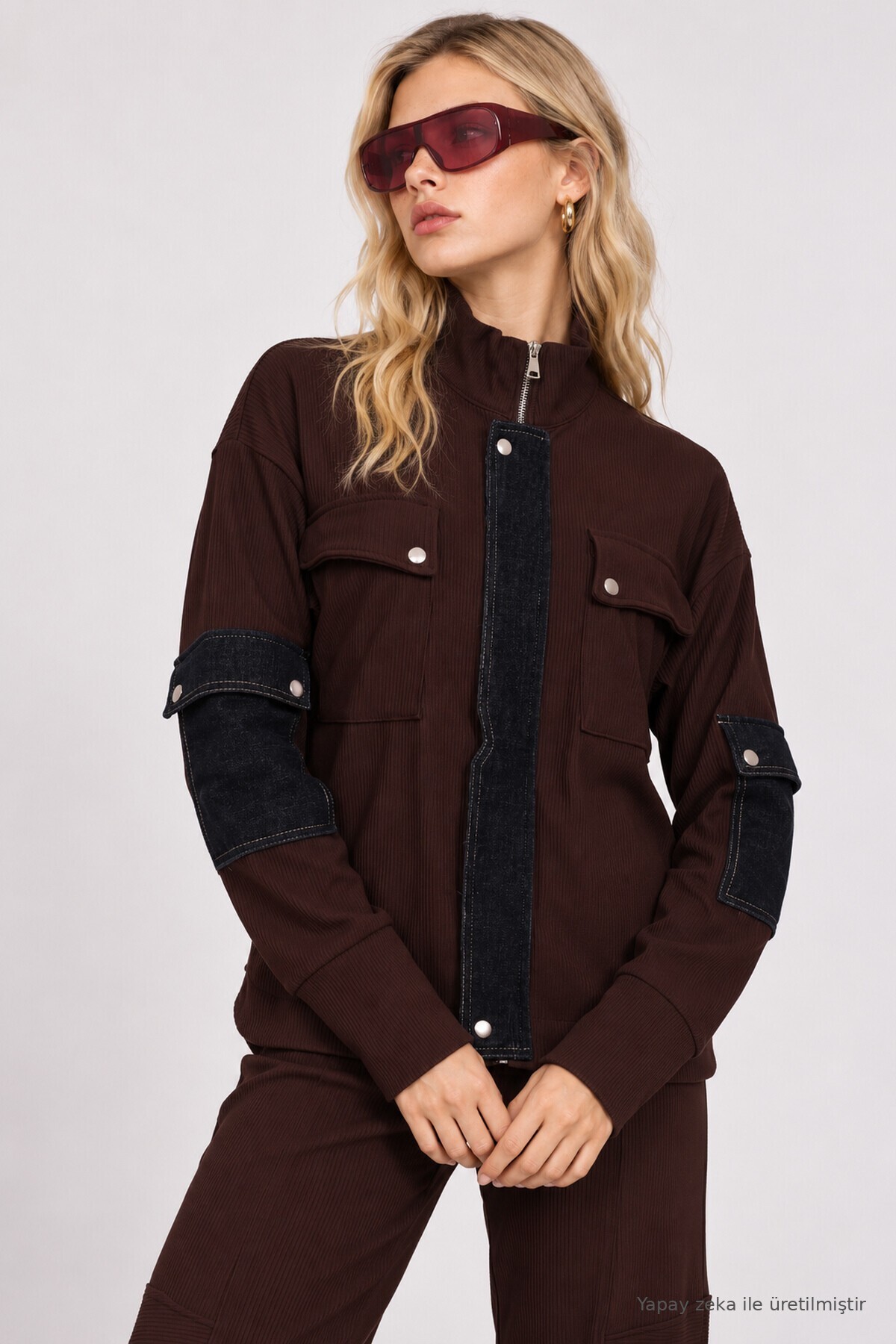 Denim Garnili Fitilli Örme Premium Selection Takım KAHVERENGİ LBY0094