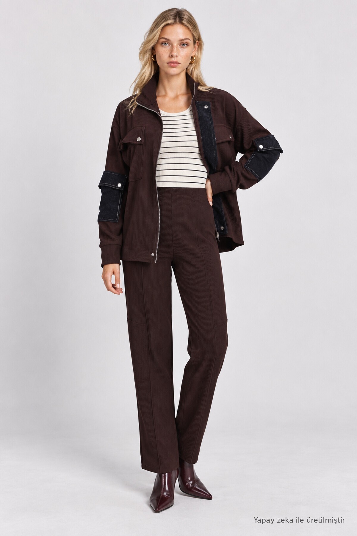 Denim Garnili Fitilli Örme Premium Selection Takım KAHVERENGİ LBY0094