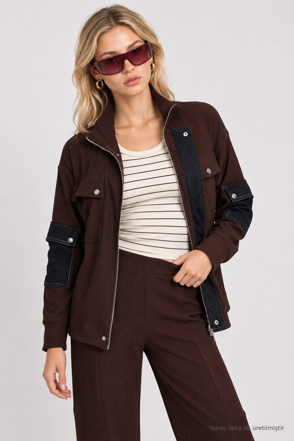 Denim Garnili Fitilli Örme Premium Selection Takım KAHVERENGİ LBY0094