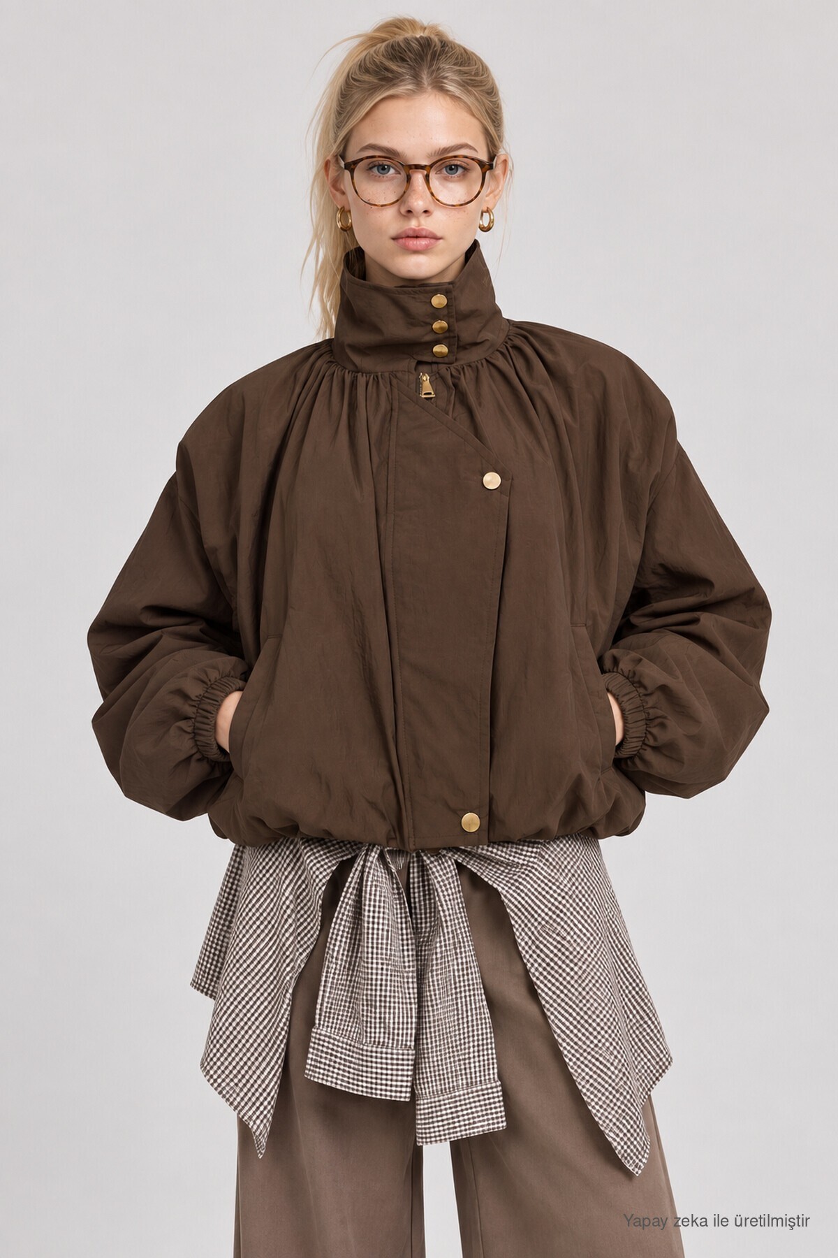 Dik Yaka Oversize Paraşüt Ceket KAHVERENGİ LBY0089