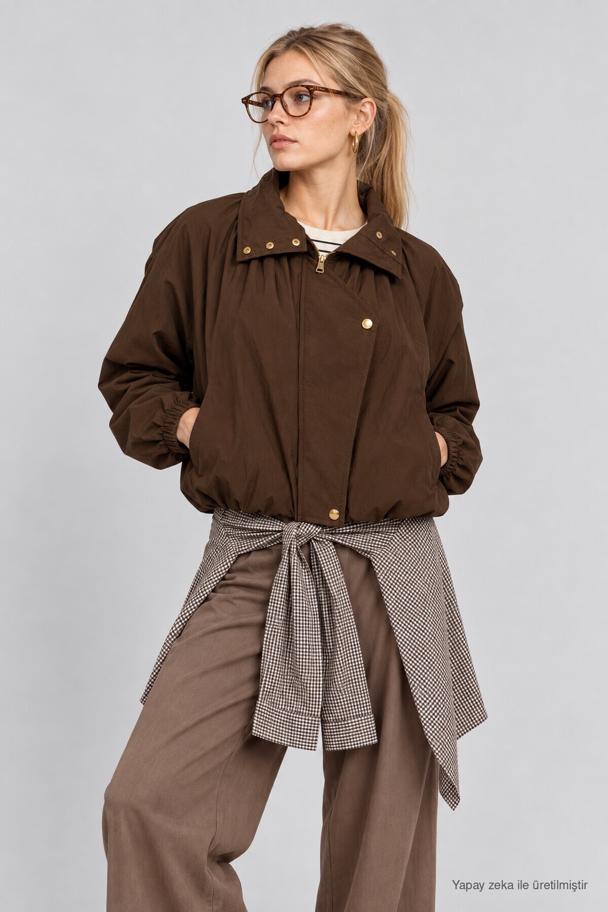 Dik Yaka Oversize Paraşüt Ceket KAHVERENGİ LBY0089