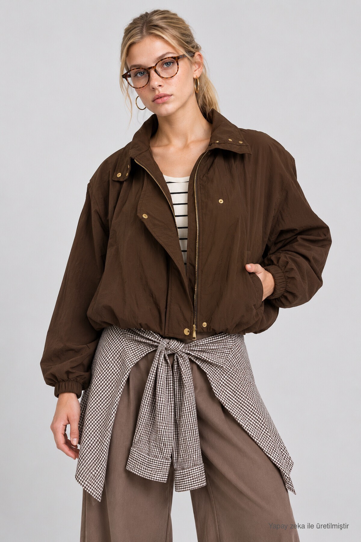 Dik Yaka Oversize Paraşüt Ceket KAHVERENGİ LBY0089