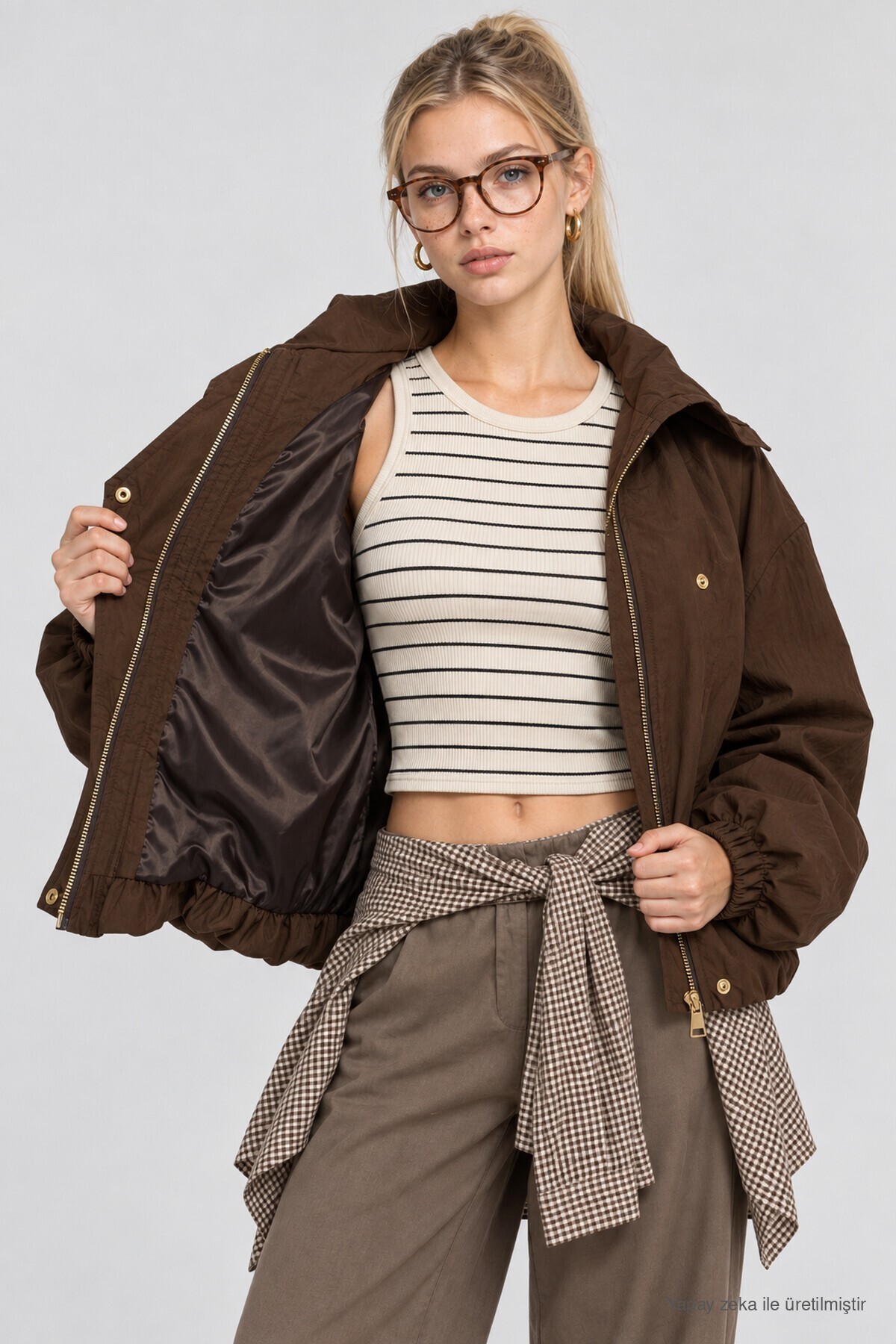 Dik Yaka Oversize Paraşüt Ceket KAHVERENGİ LBY0089